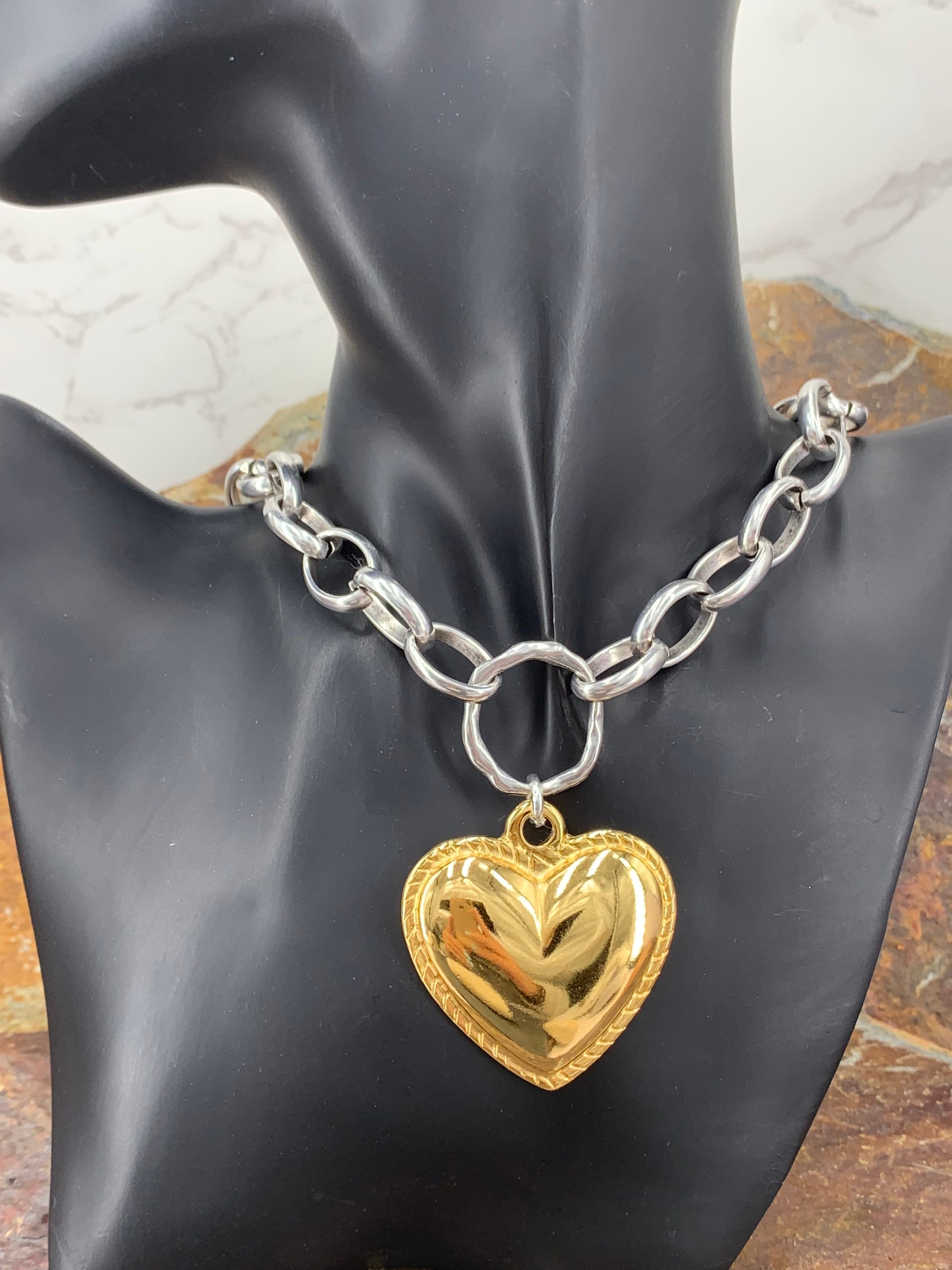 Artisian Sterling Silver Plated Chunky Chain Necklace with Gold Heart Pendant, custom jewelry