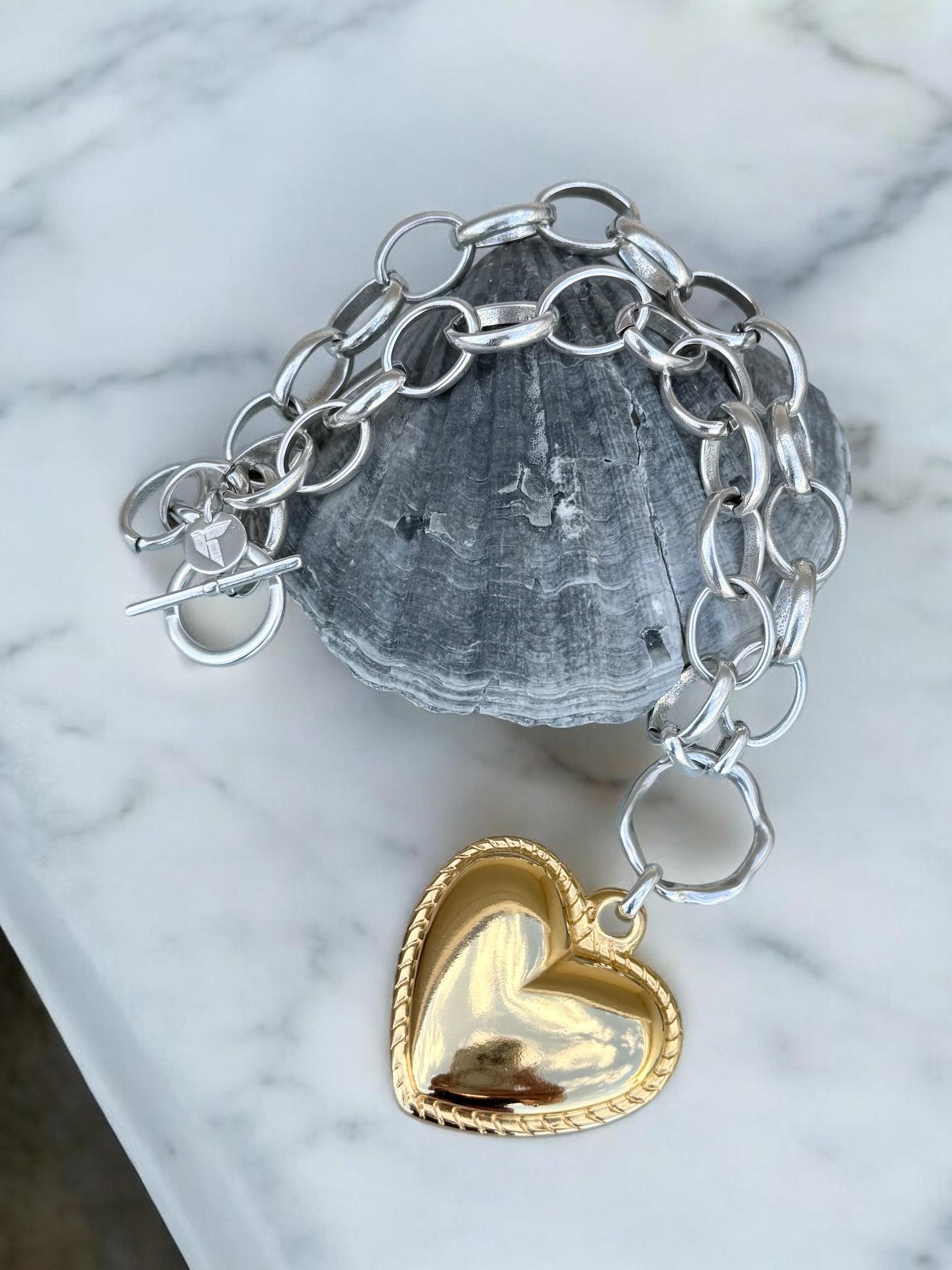 Artisian Sterling Silver Plated Chunky Chain Necklace with Gold Heart Pendant, custom jewelry