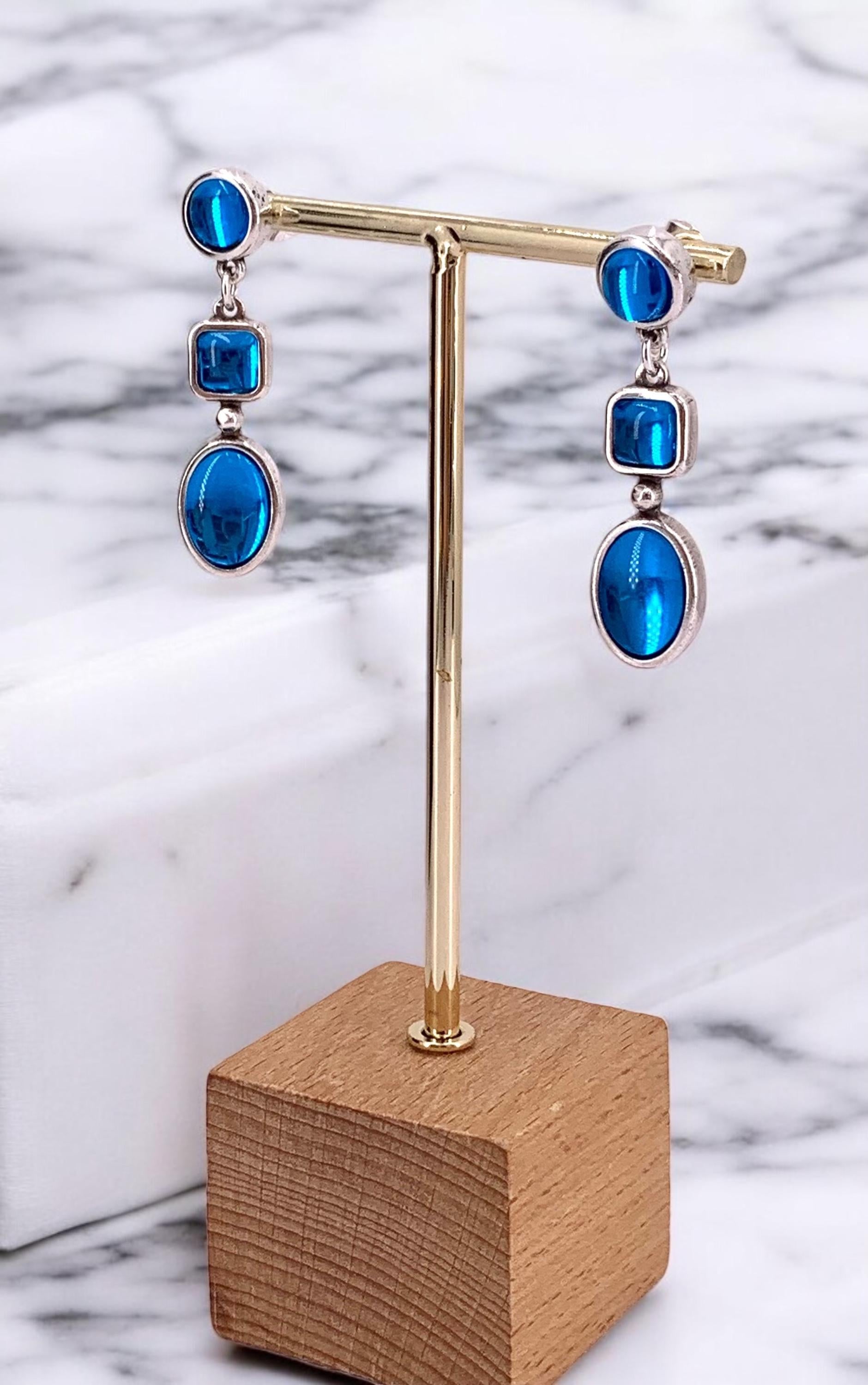 Artisian large blue crystal dangle silver lightweight earrings, bold handmade jewelry