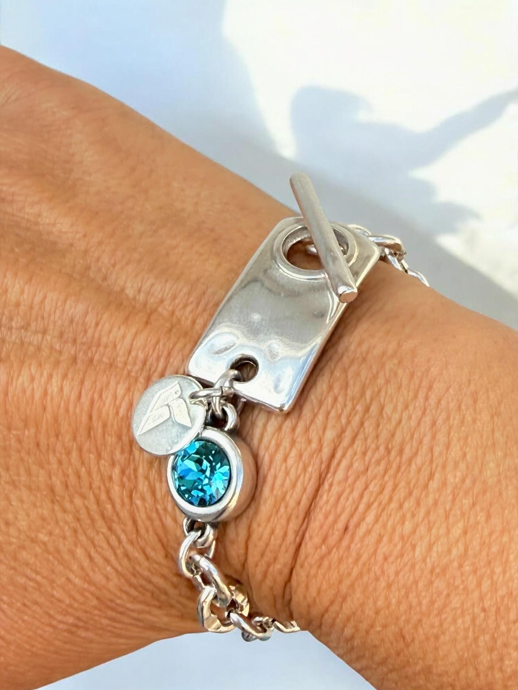 Chunky Silver Chain Bracelet with Swarovski Crystal – Bold Custom Design with Toggle Clasp – Handmade
