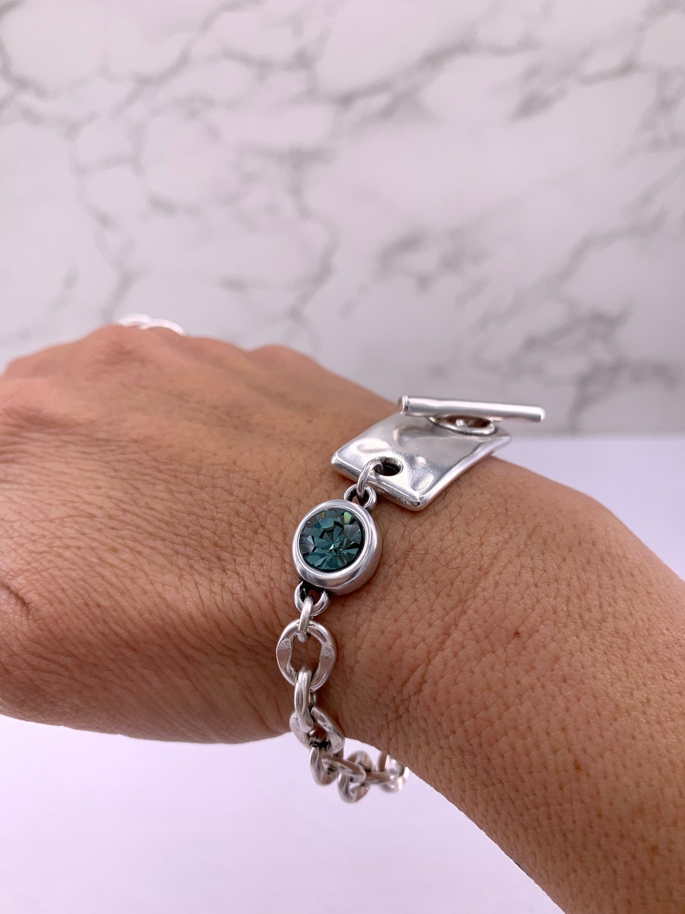Chunky Silver Chain Bracelet with Swarovski Crystal – Bold Custom Design with Toggle Clasp – Handmade