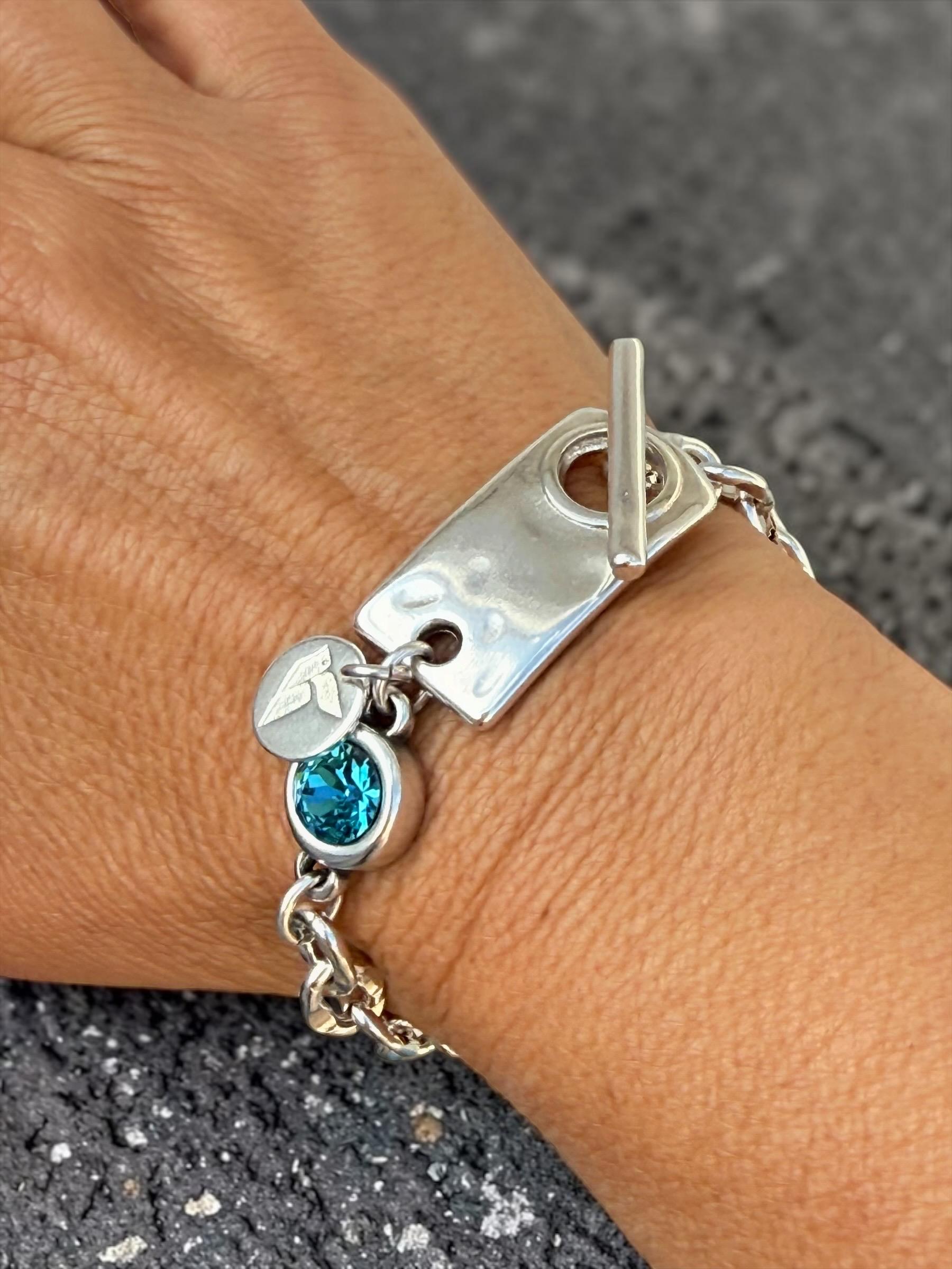 Chunky Silver Chain Bracelet with Swarovski Crystal – Bold Custom Design with Toggle Clasp – Handmade