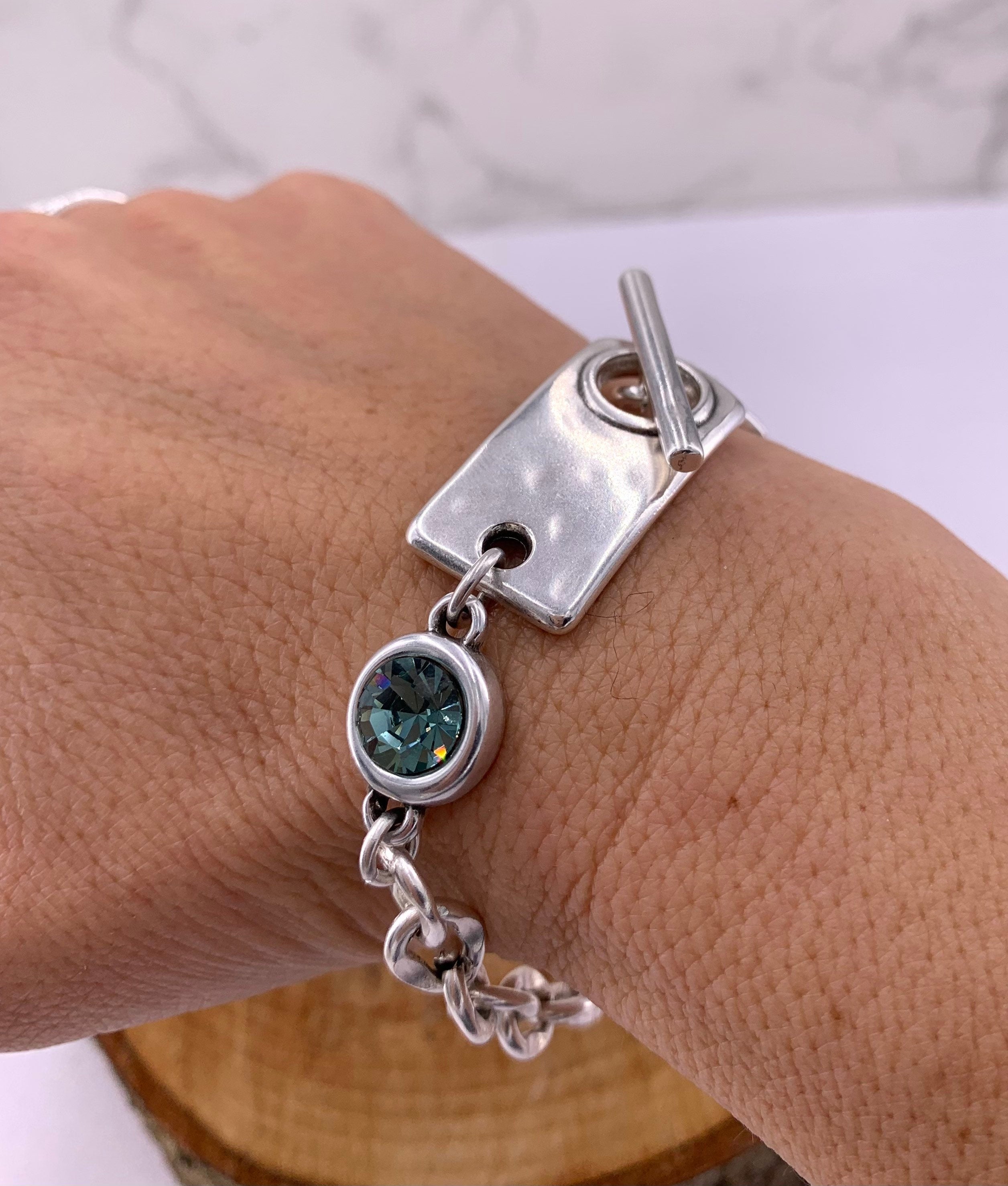 Chunky Silver Chain Bracelet with Swarovski Crystal – Bold Custom Design with Toggle Clasp – Handmade