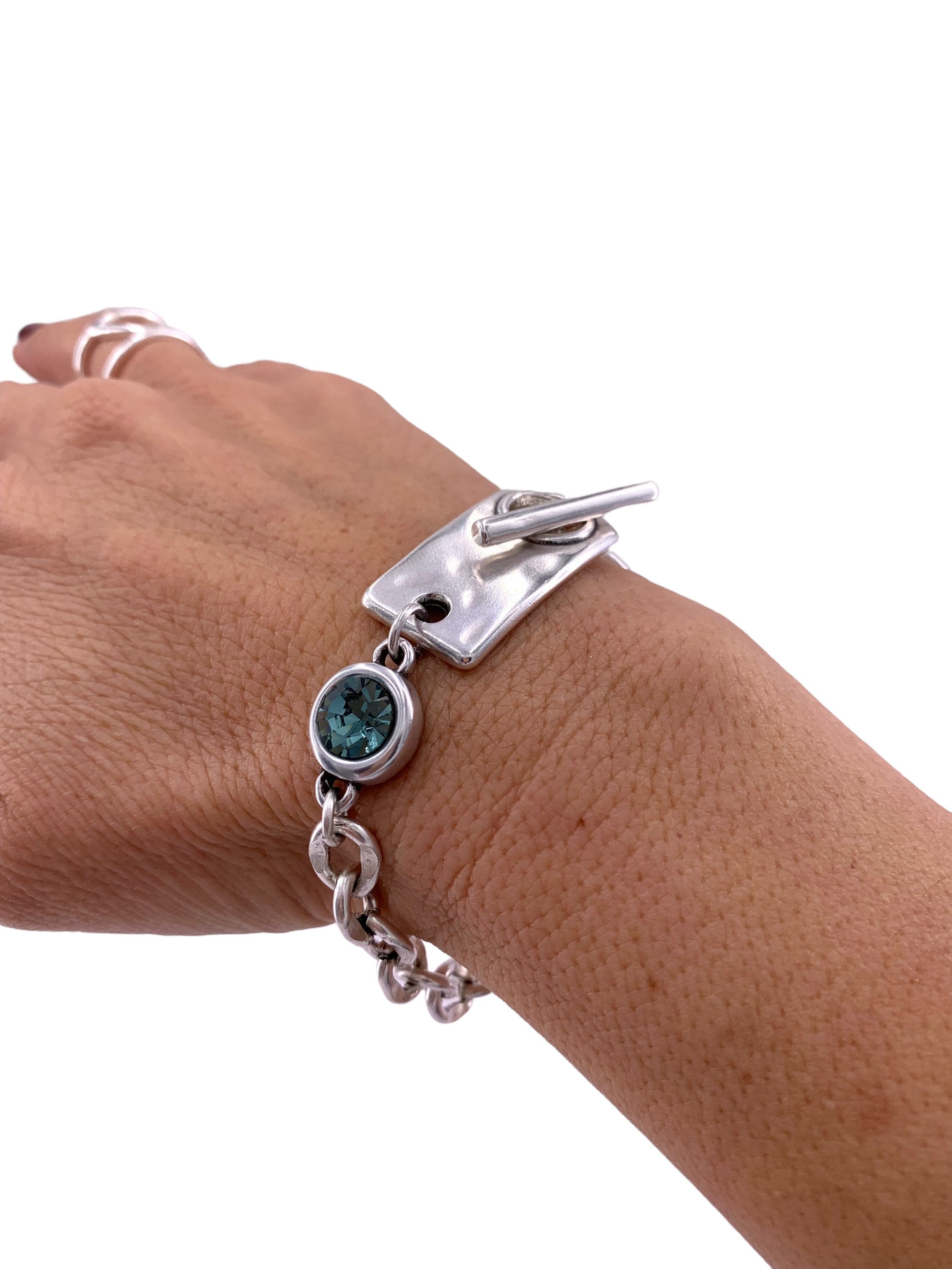 Chunky Silver Chain Bracelet with Swarovski Crystal – Bold Custom Design with Toggle Clasp – Handmade
