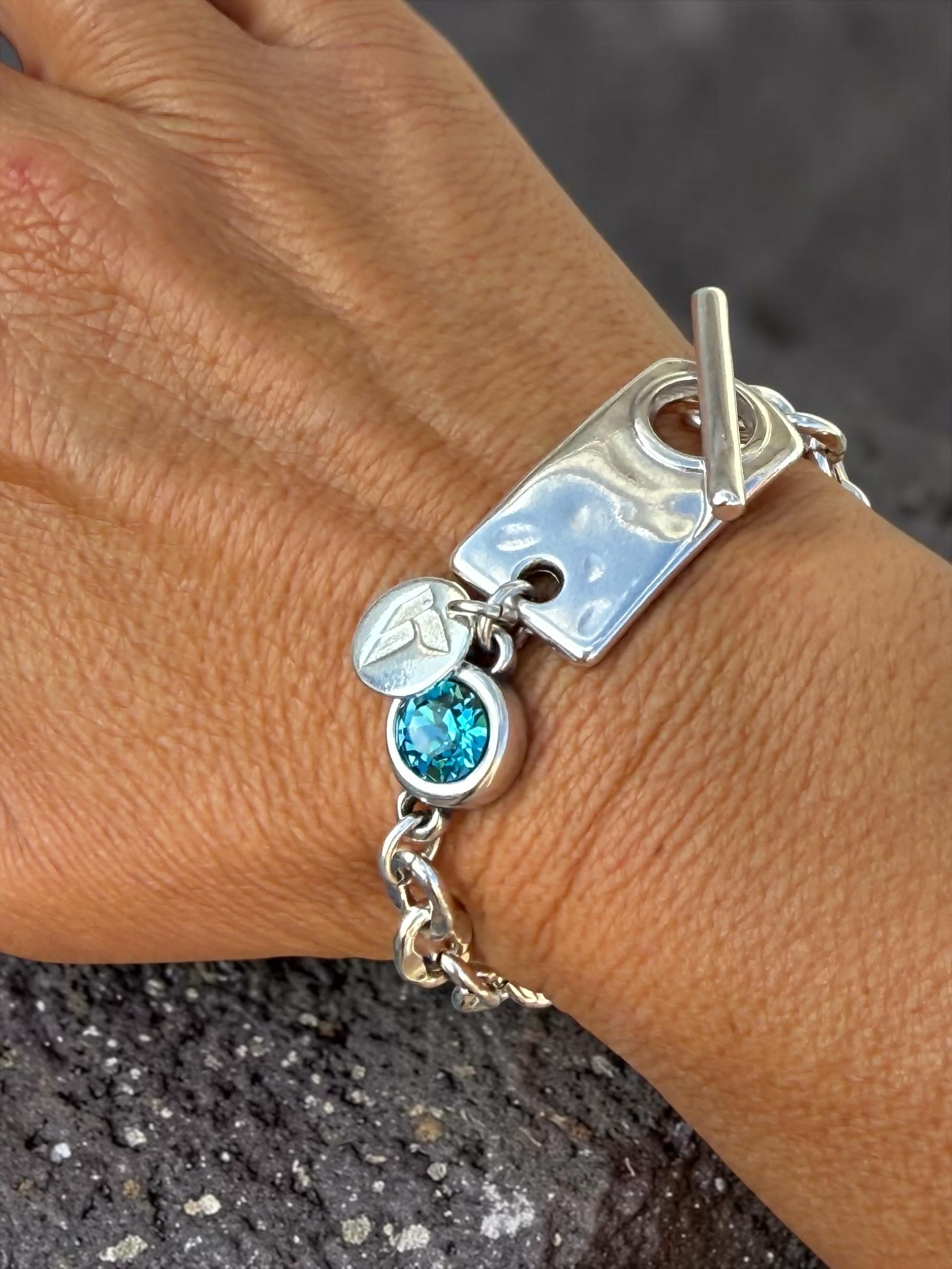 Chunky Silver Chain Bracelet with Swarovski Crystal – Bold Custom Design with Toggle Clasp – Handmade