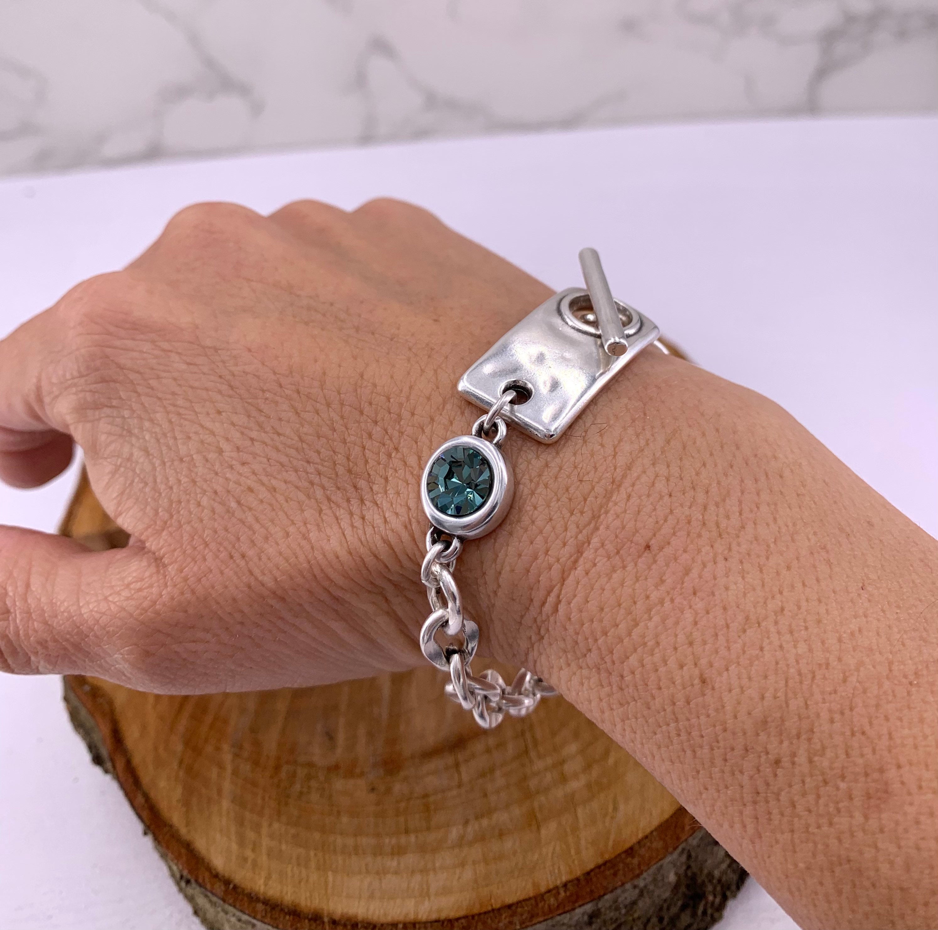 Chunky Silver Chain Bracelet with Swarovski Crystal – Bold Custom Design with Toggle Clasp – Handmade