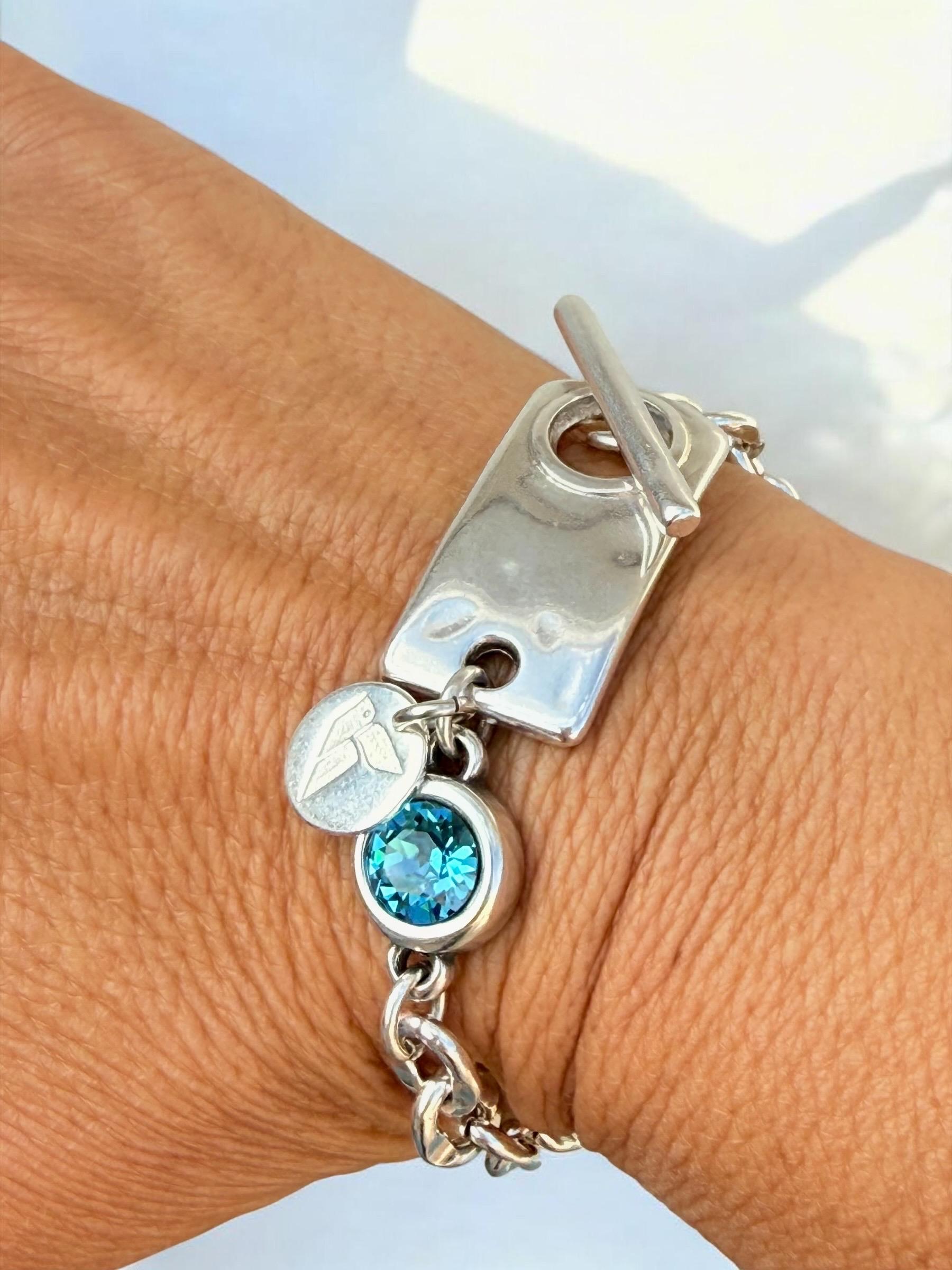 Chunky Silver Chain Bracelet with Swarovski Crystal – Bold Custom Design with Toggle Clasp – Handmade
