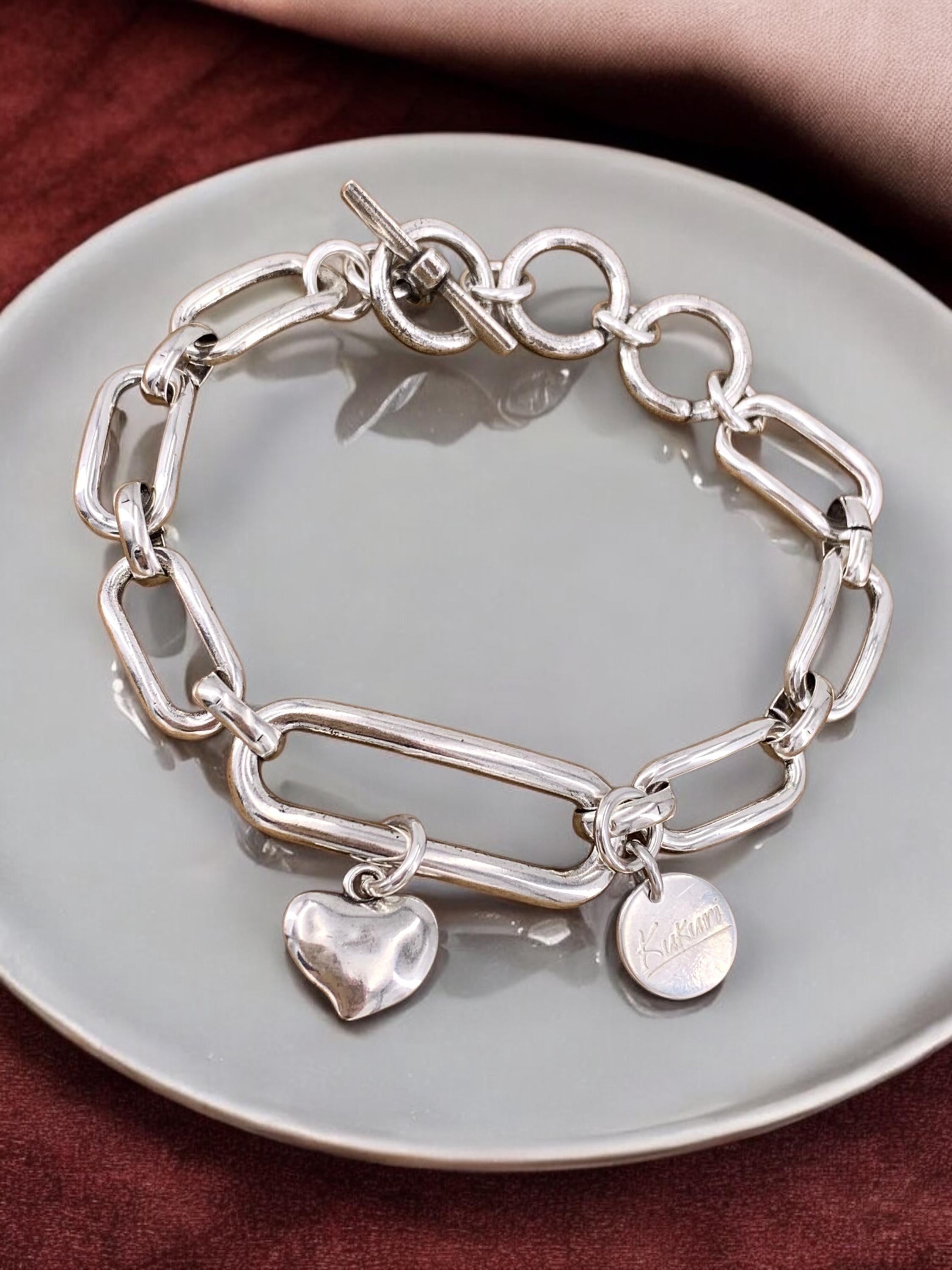 Handmade silver plated chunky chain bracelet with big links toggle clasp and heart charm