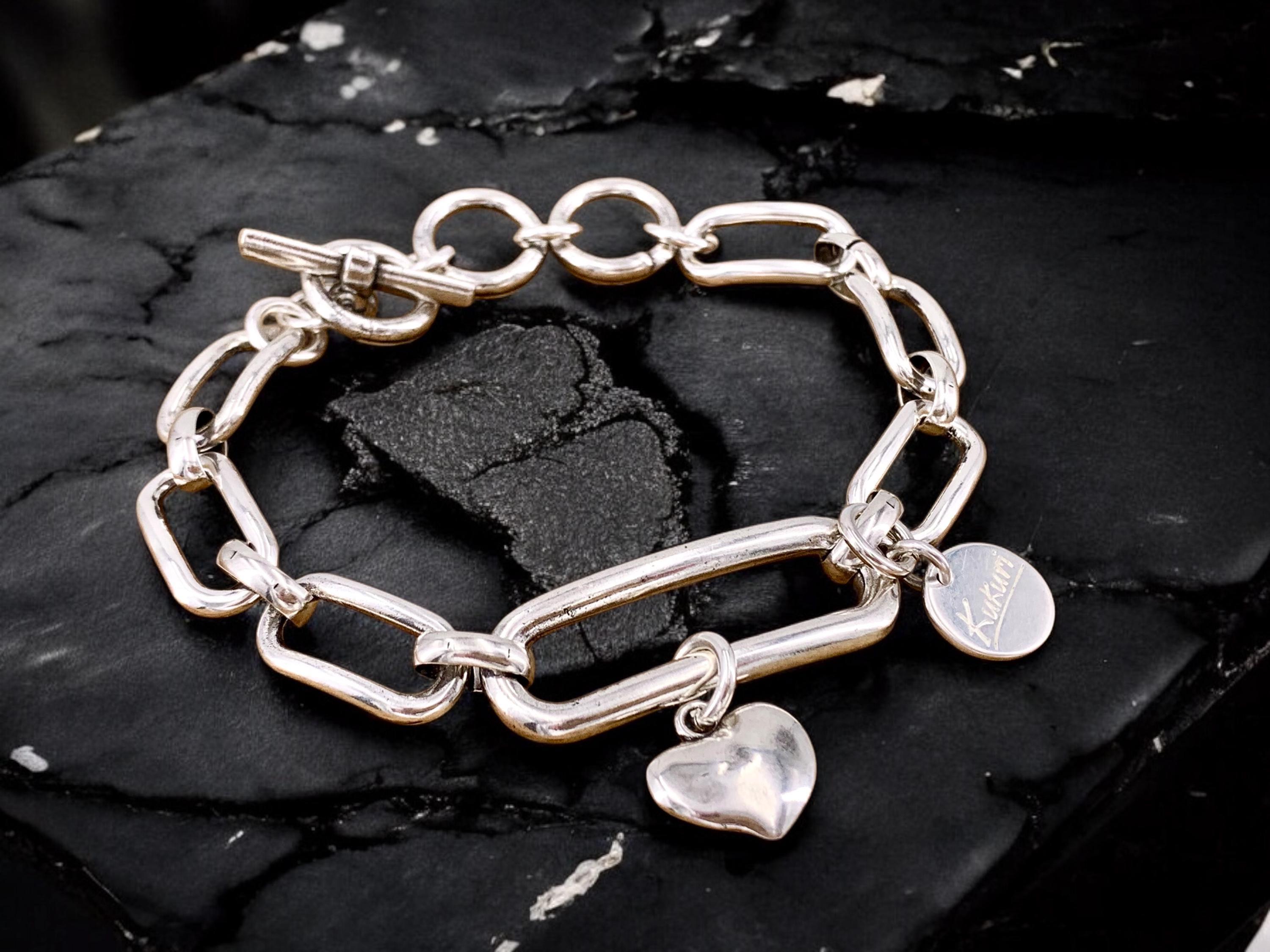 Handmade silver plated chunky chain bracelet with big links toggle clasp and heart charm