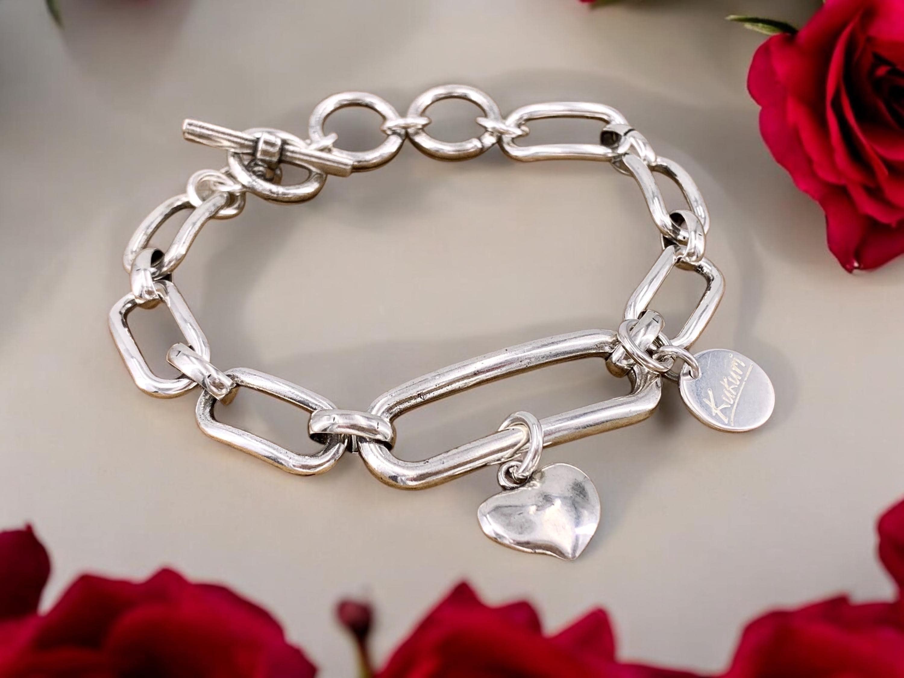 Handmade silver plated chunky chain bracelet with big links toggle clasp and heart charm