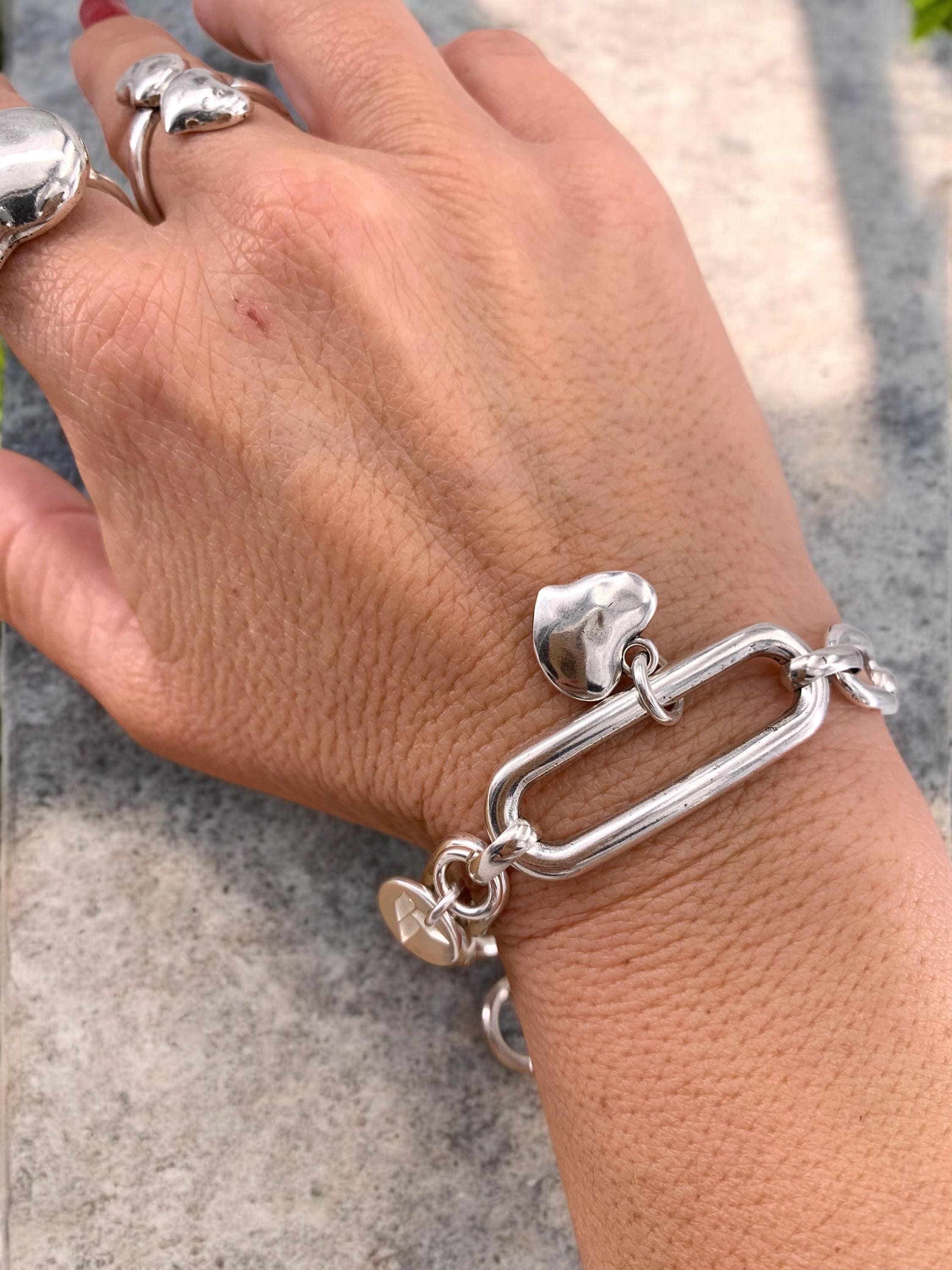 Handmade silver plated chunky chain bracelet with big links toggle clasp and heart charm