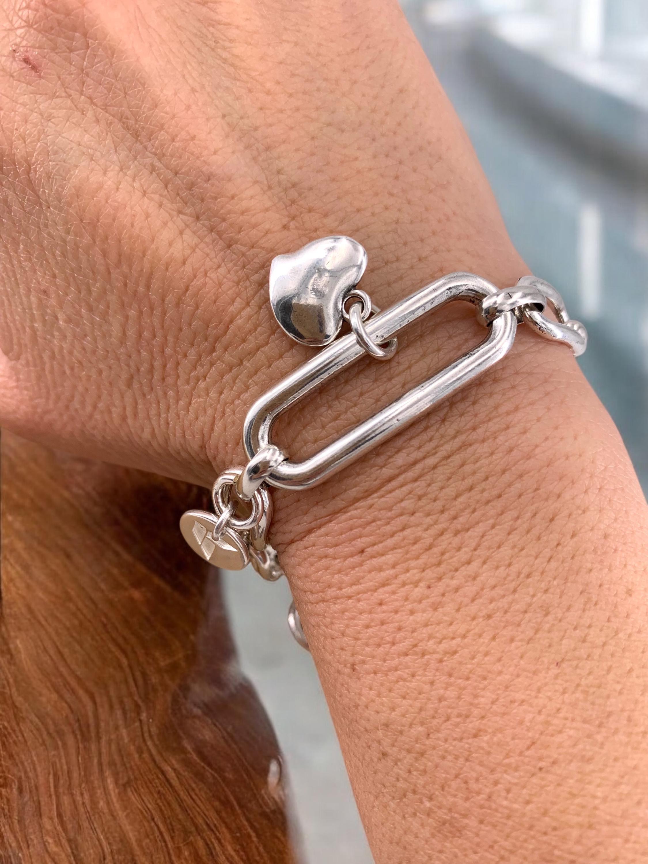 Handmade silver plated chunky chain bracelet with big links toggle clasp and heart charm