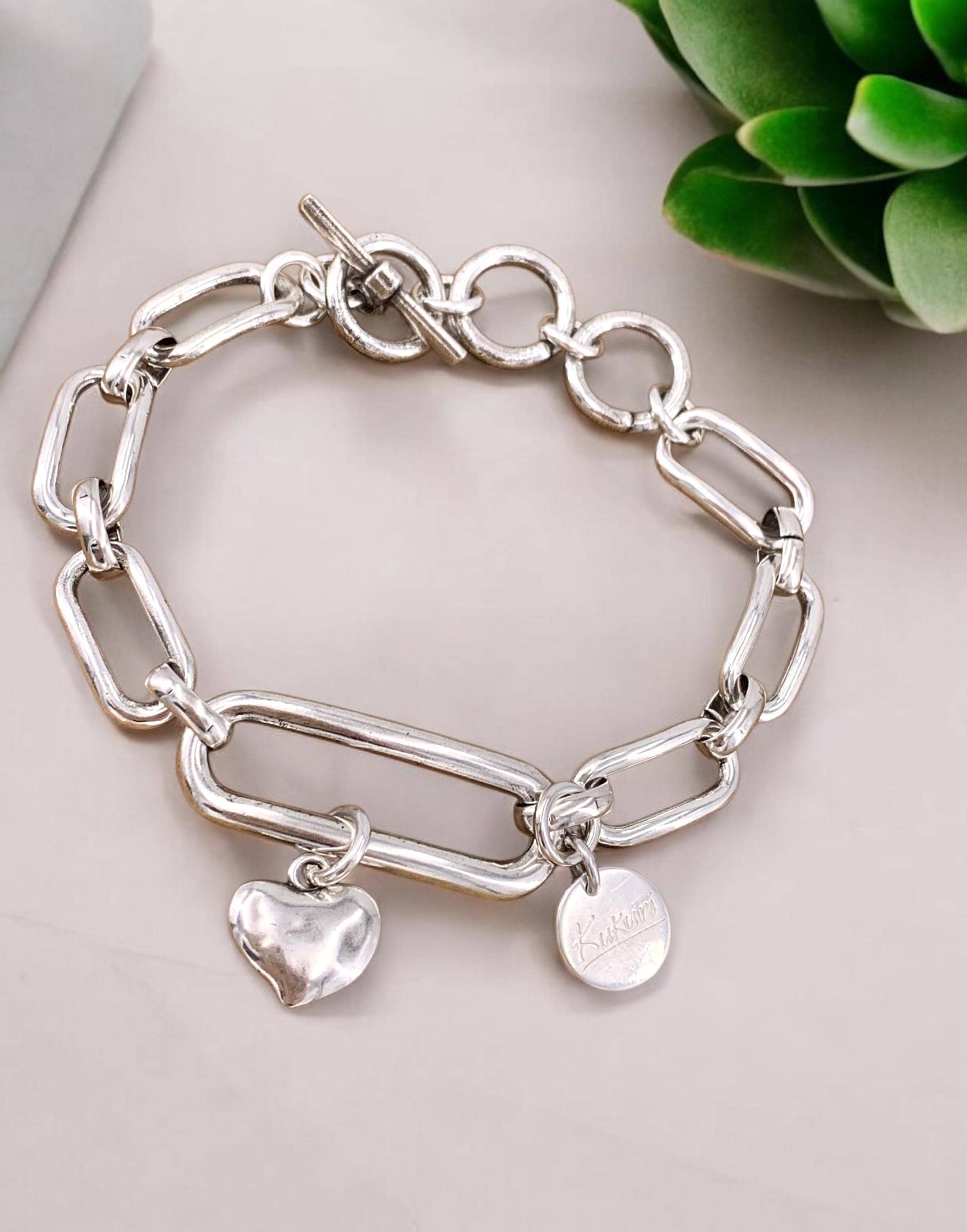 Handmade silver plated chunky chain bracelet with big links toggle clasp and heart charm