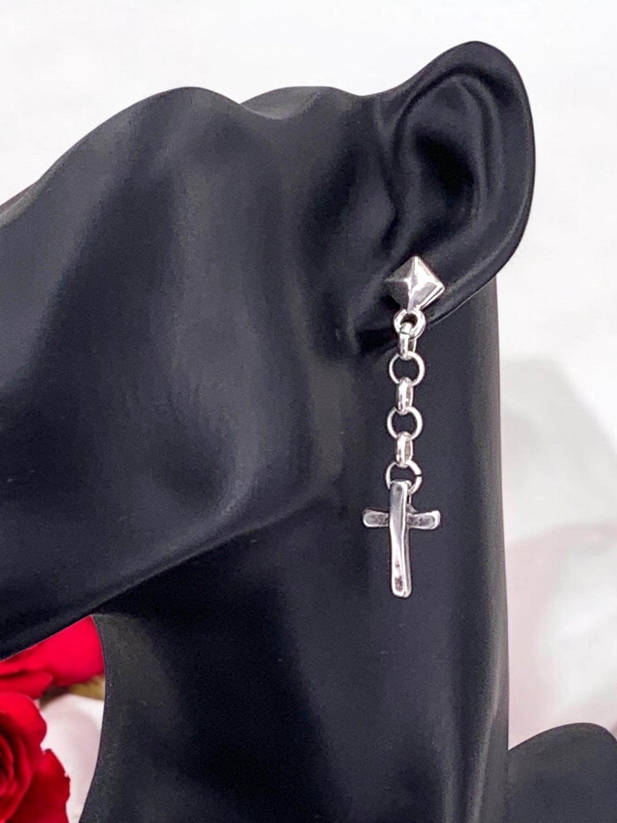 Long silver chain and cross pendant earrings – bold dangle design – handmade statement jewelry