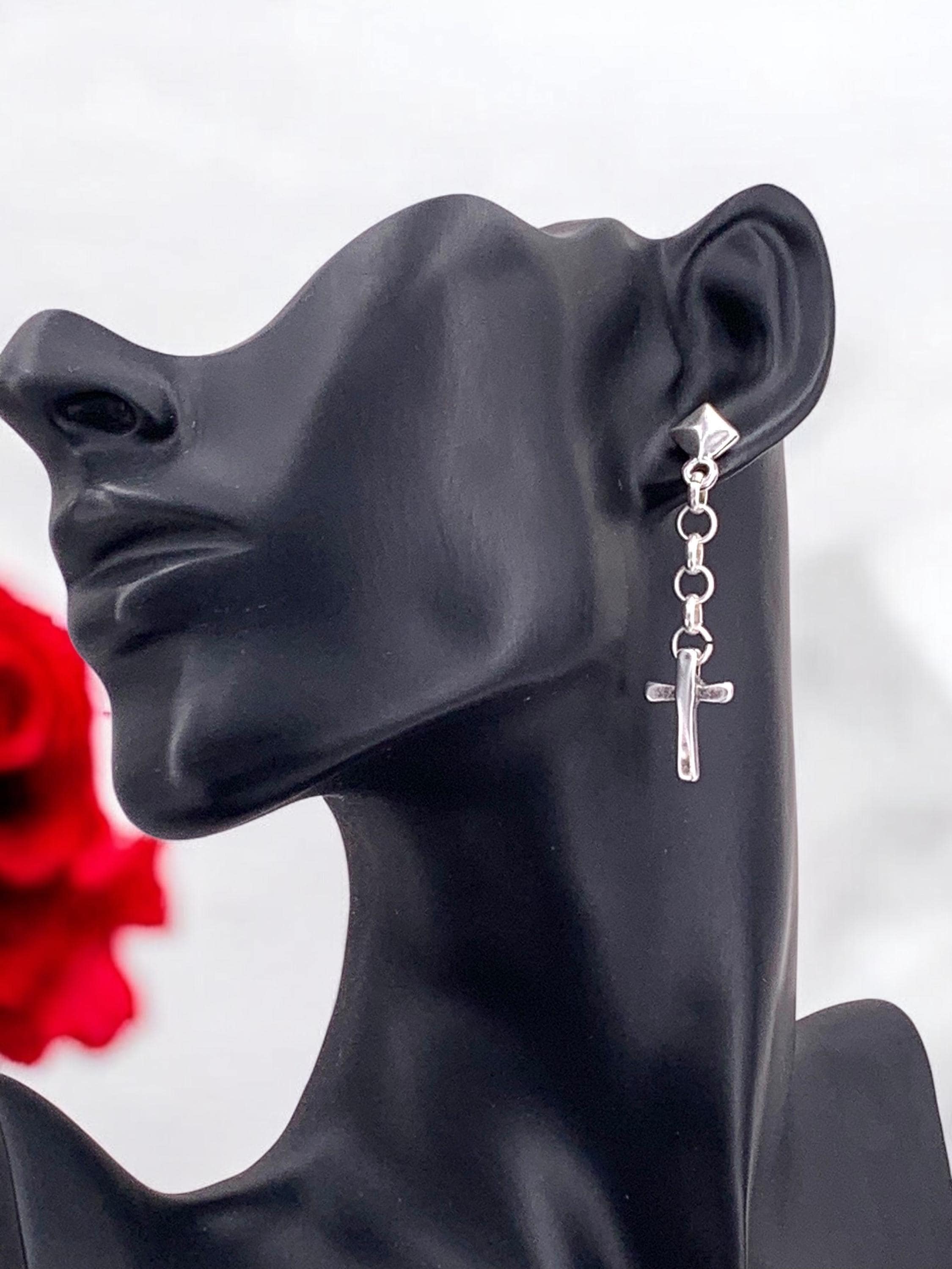 Long silver chain and cross pendant earrings – bold dangle design – handmade statement jewelry