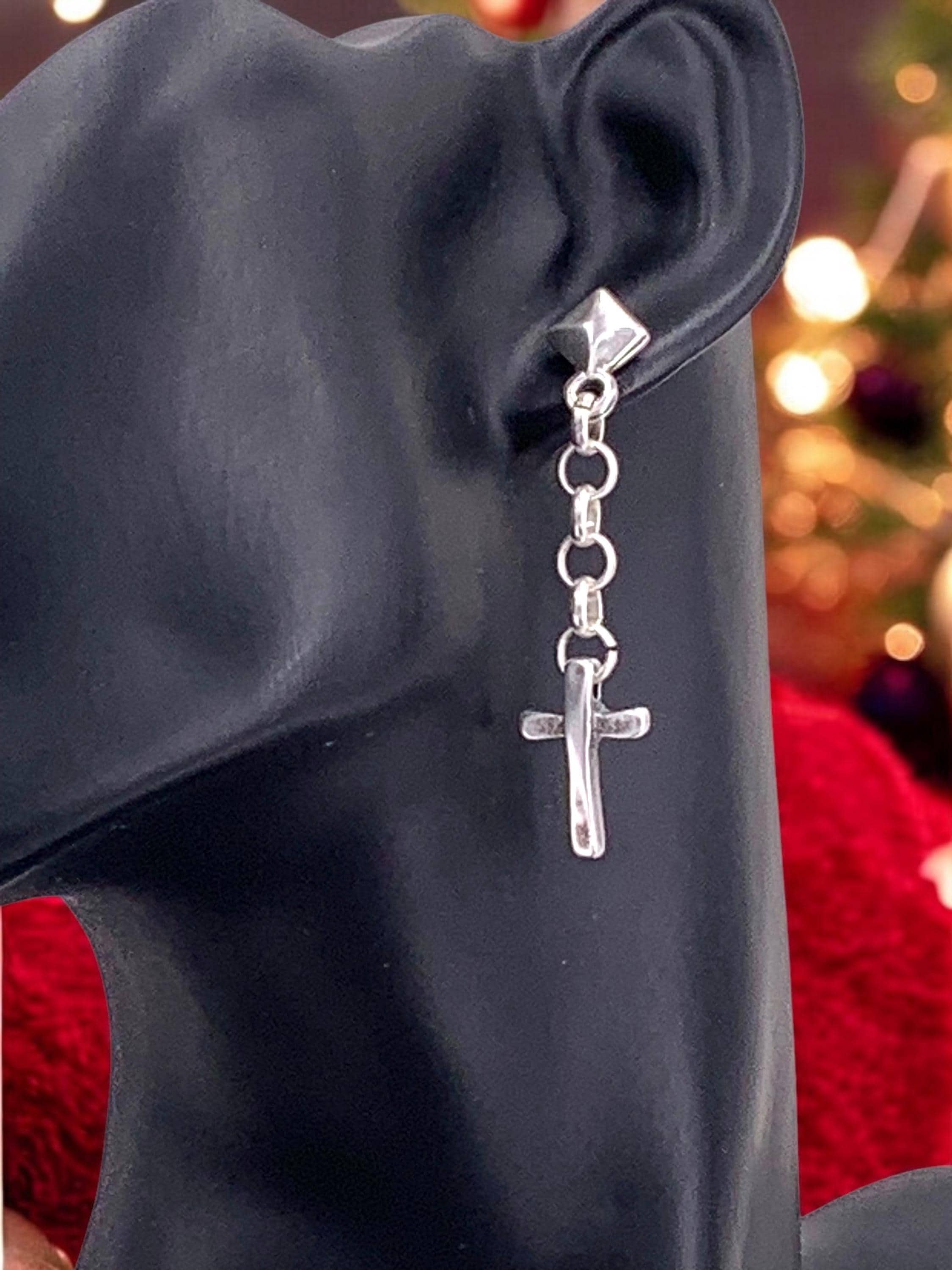 Long silver chain and cross pendant earrings – bold dangle design – handmade statement jewelry