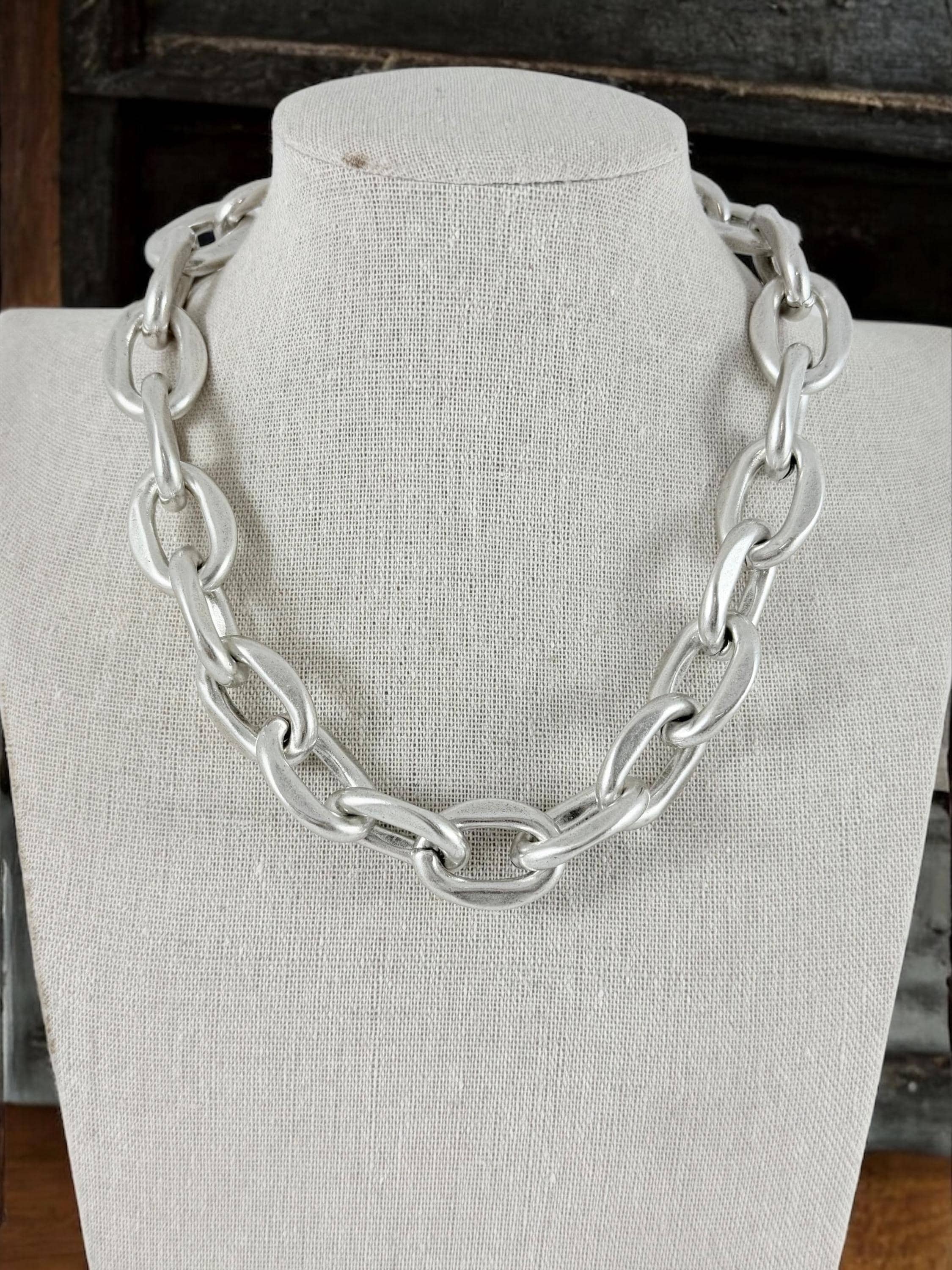 Chunky silver chain necklace with big oval links, bold handmade jewelry