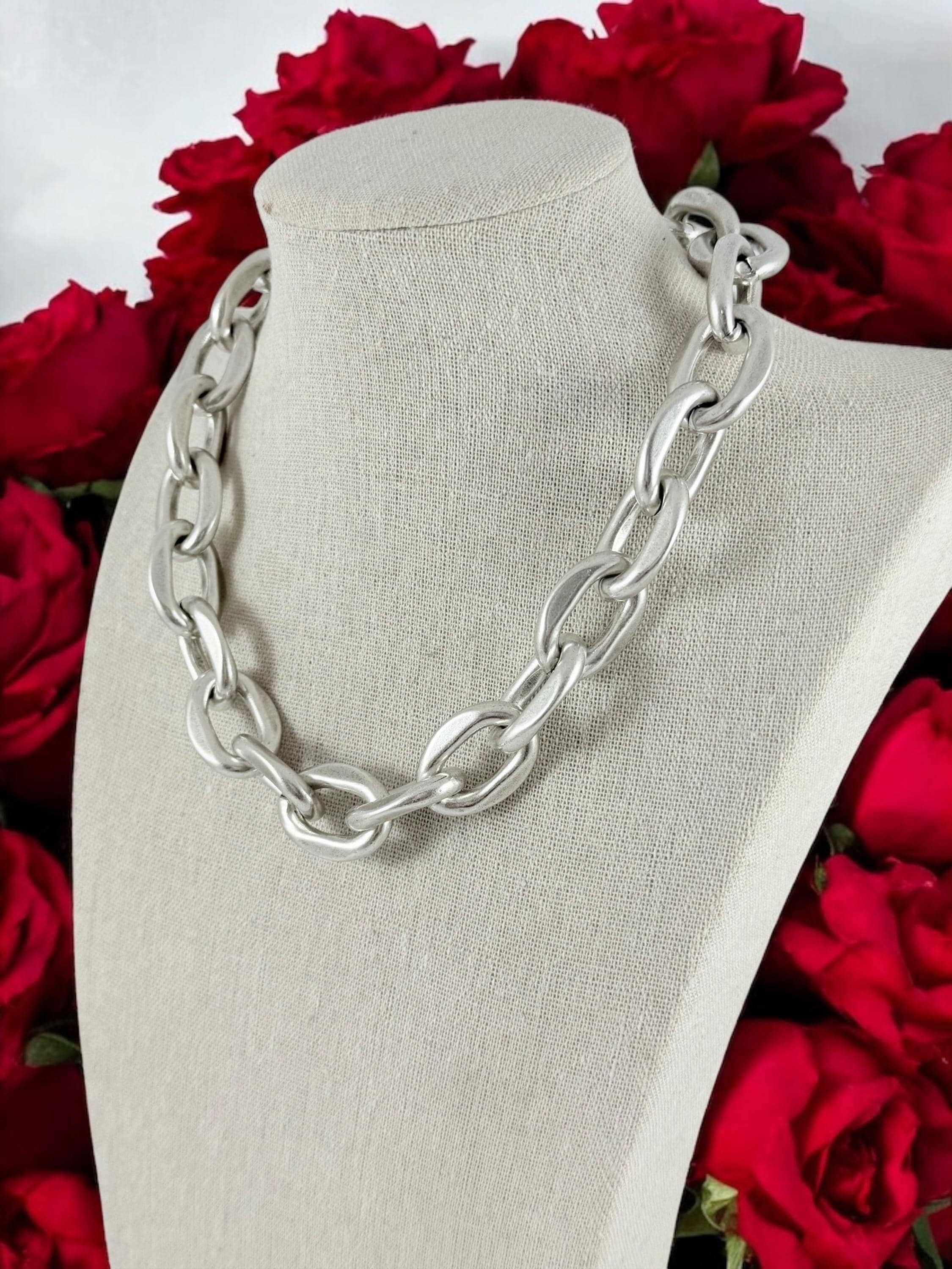 Chunky silver chain necklace with big oval links, bold handmade jewelry