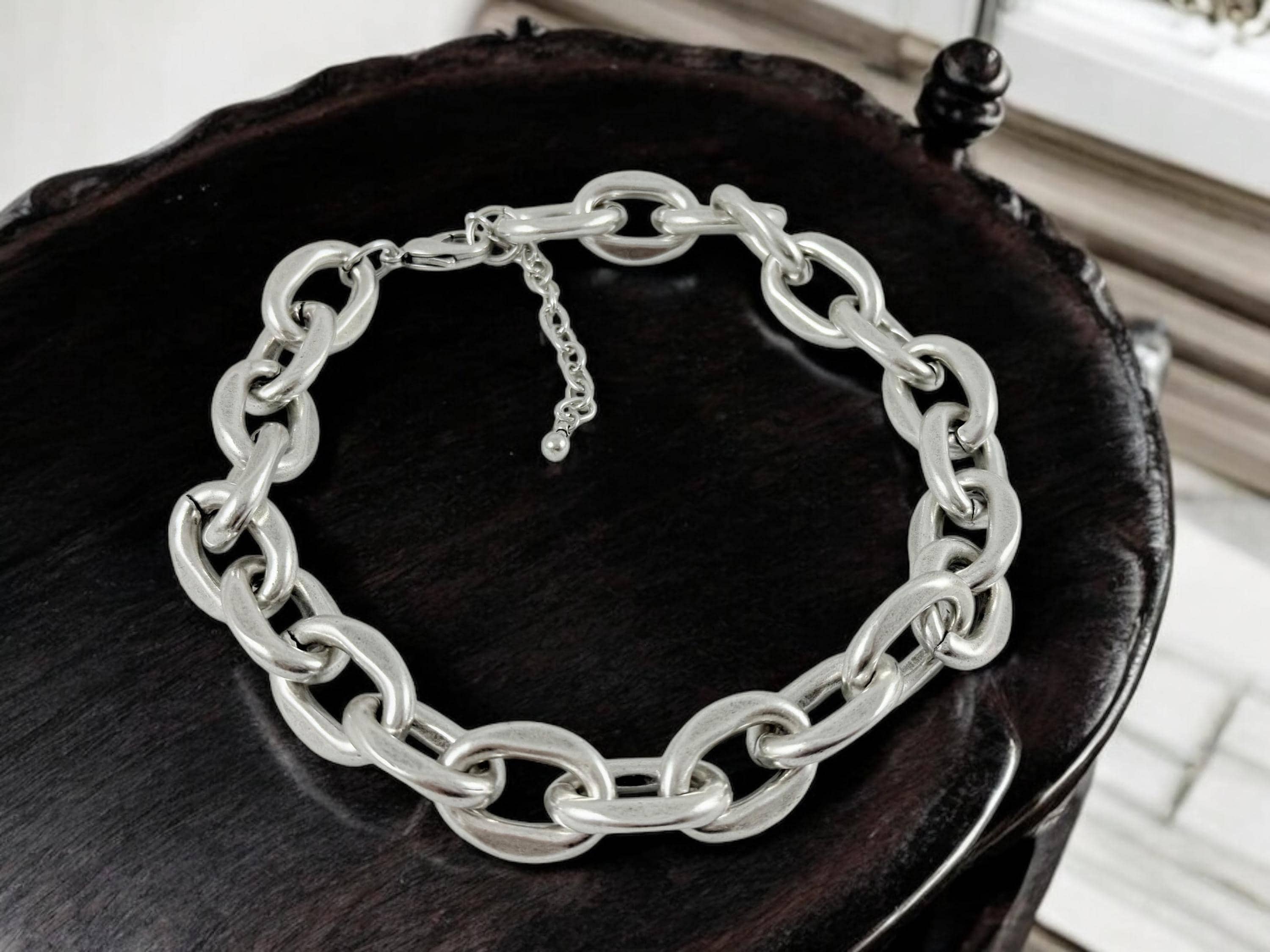 Chunky silver chain necklace with big oval links, bold handmade jewelry