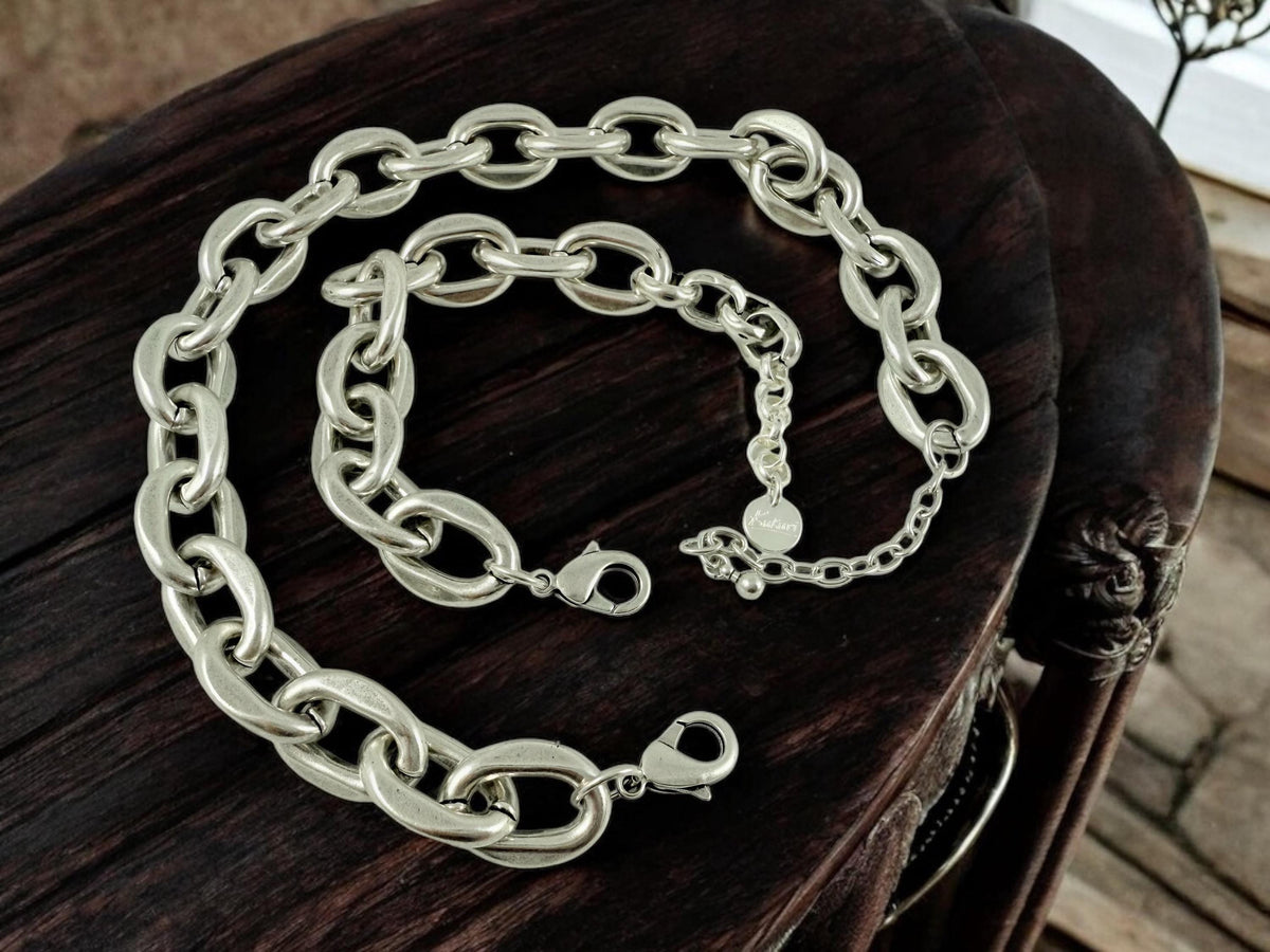 Chunky silver chain necklace with big oval links, bold handmade jewelry