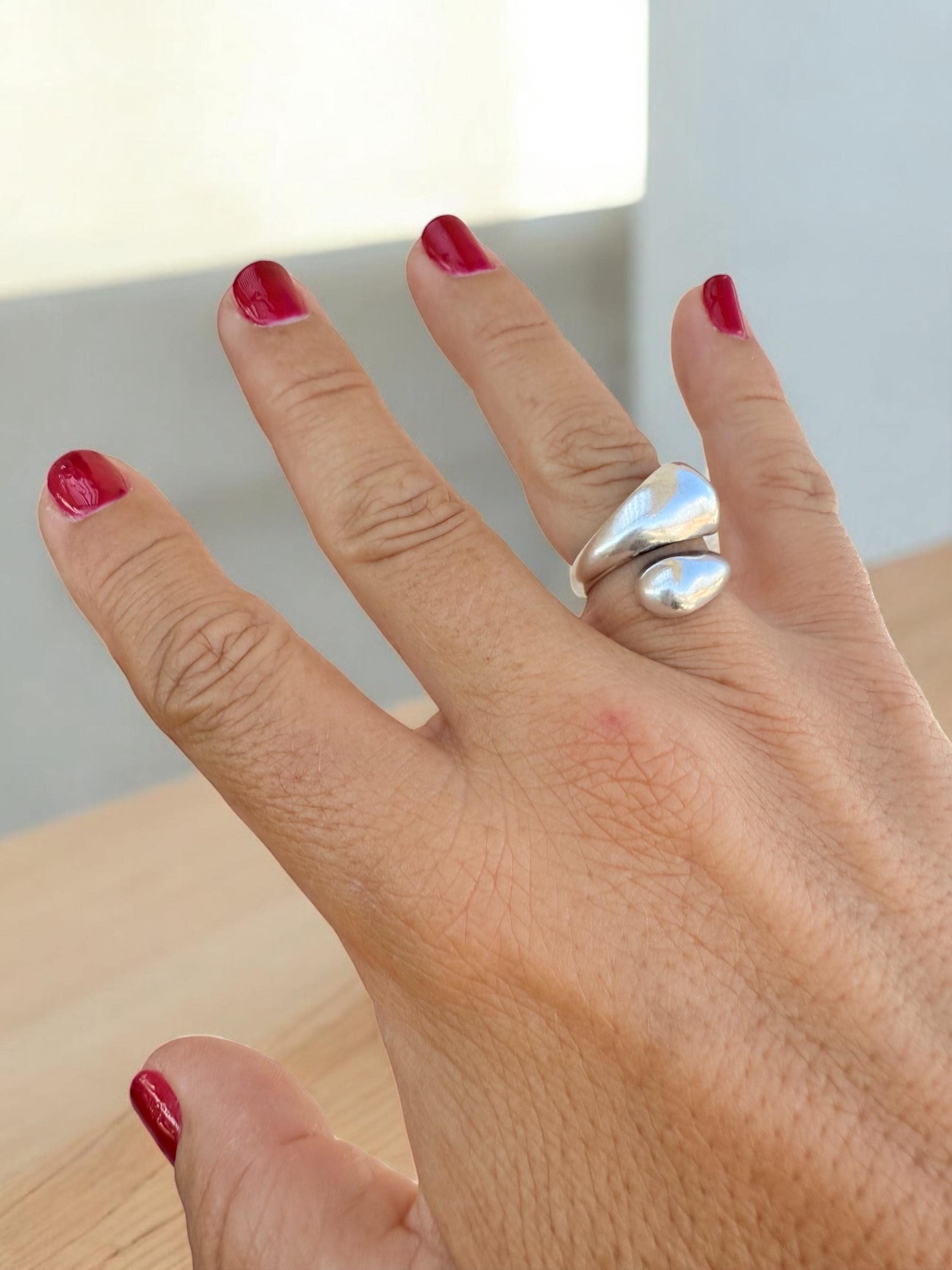 Chunky silver dome water drop ring, adjustable open band, statement jewelry