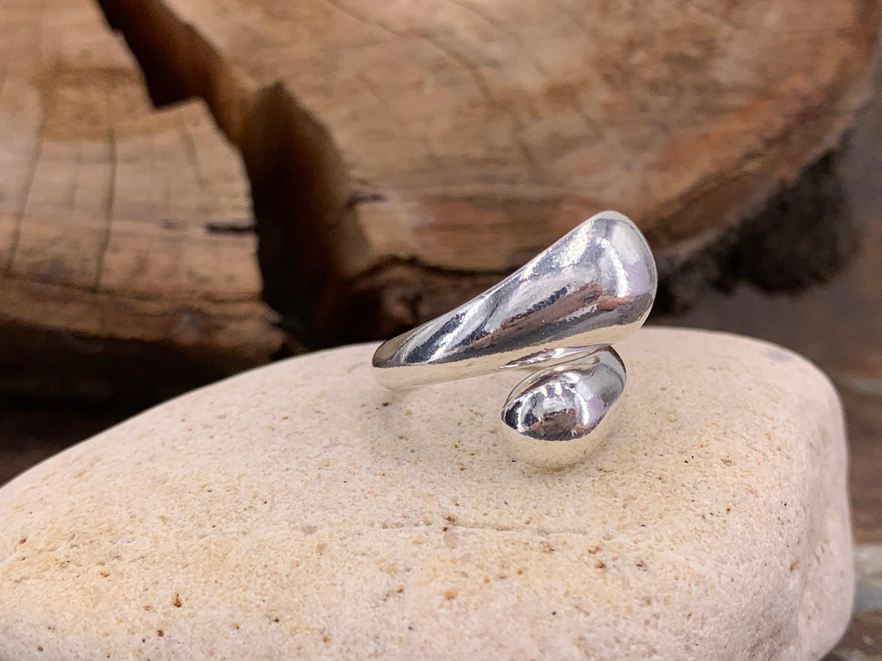 Chunky silver dome water drop ring, adjustable open band, statement jewelry