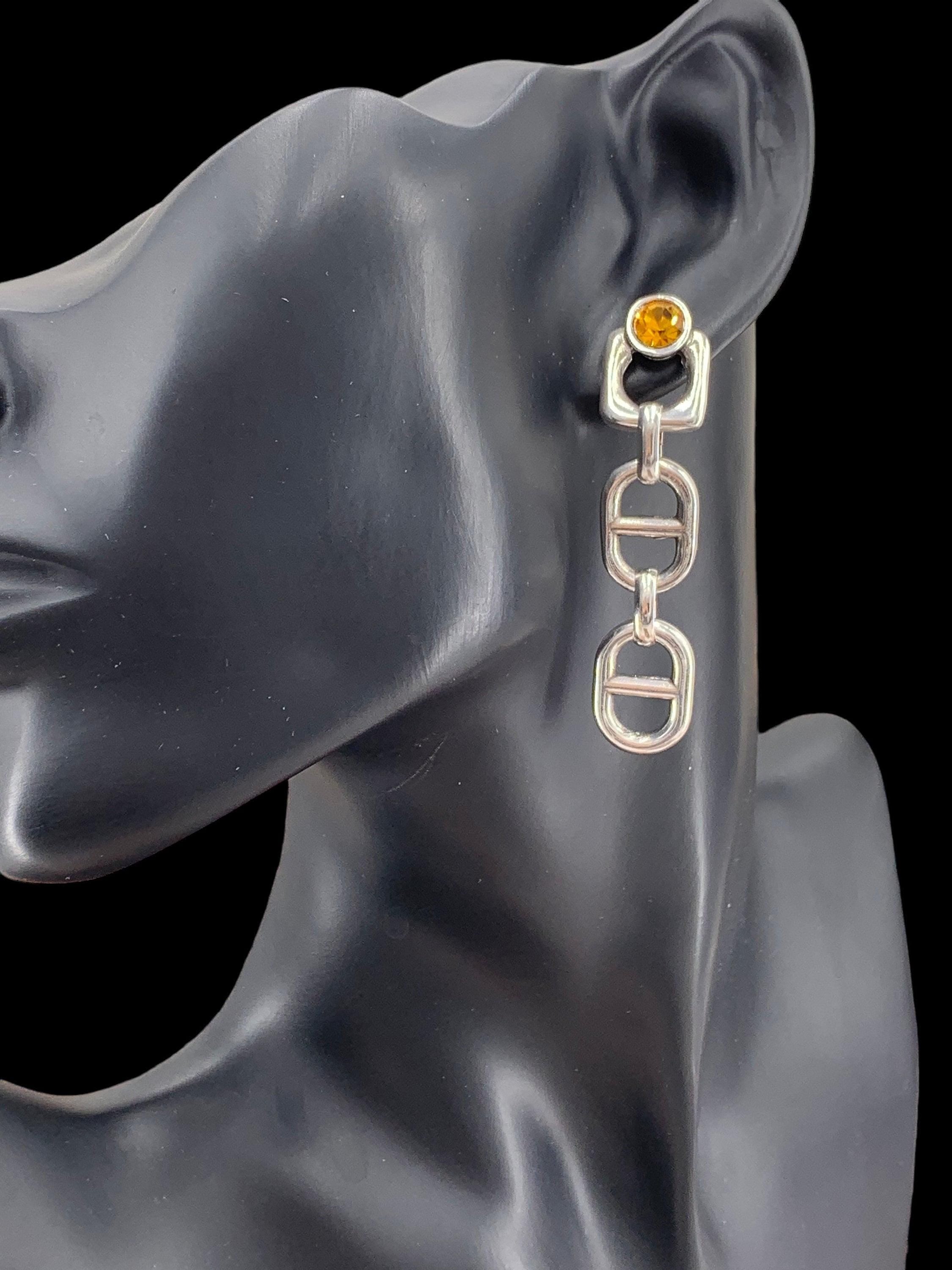 Chunky silver chain dangle earrings with amber swarovski crystal – bold statement drop – exclusive kukuri design - ideal gift for women