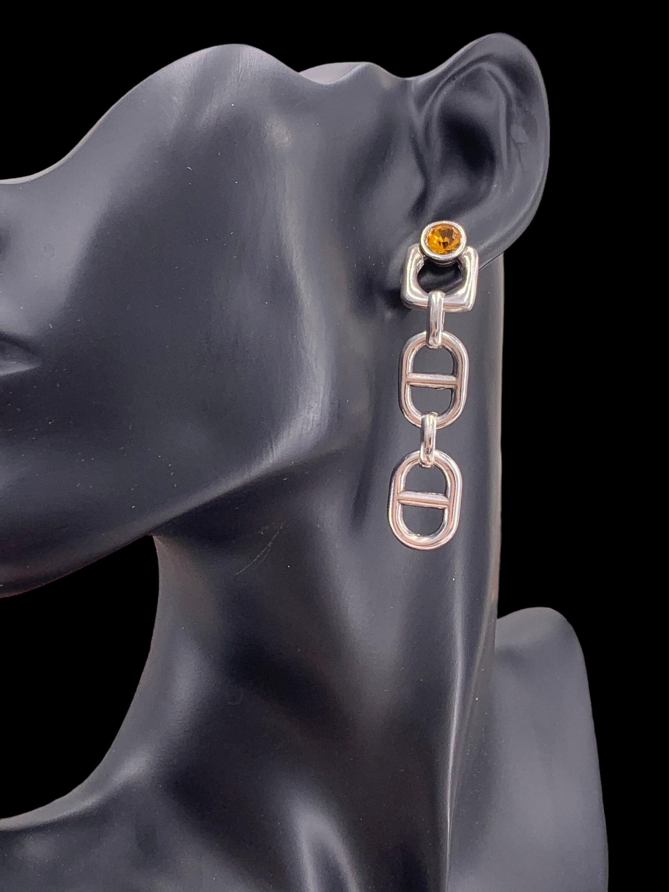Chunky silver chain dangle earrings with amber swarovski crystal – bold statement drop – exclusive kukuri design - ideal gift for women