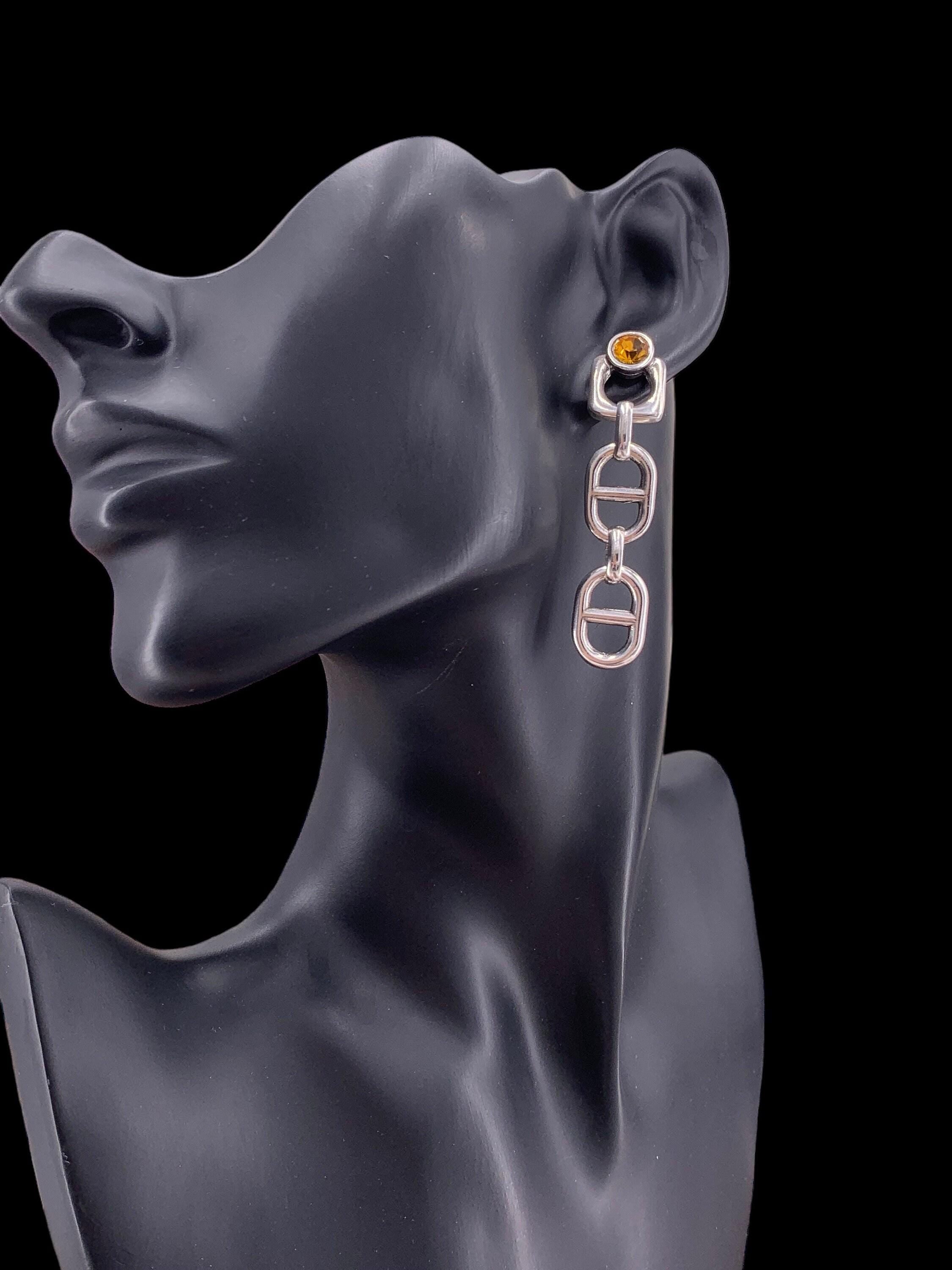 Chunky silver chain dangle earrings with amber swarovski crystal – bold statement drop – exclusive kukuri design - ideal gift for women