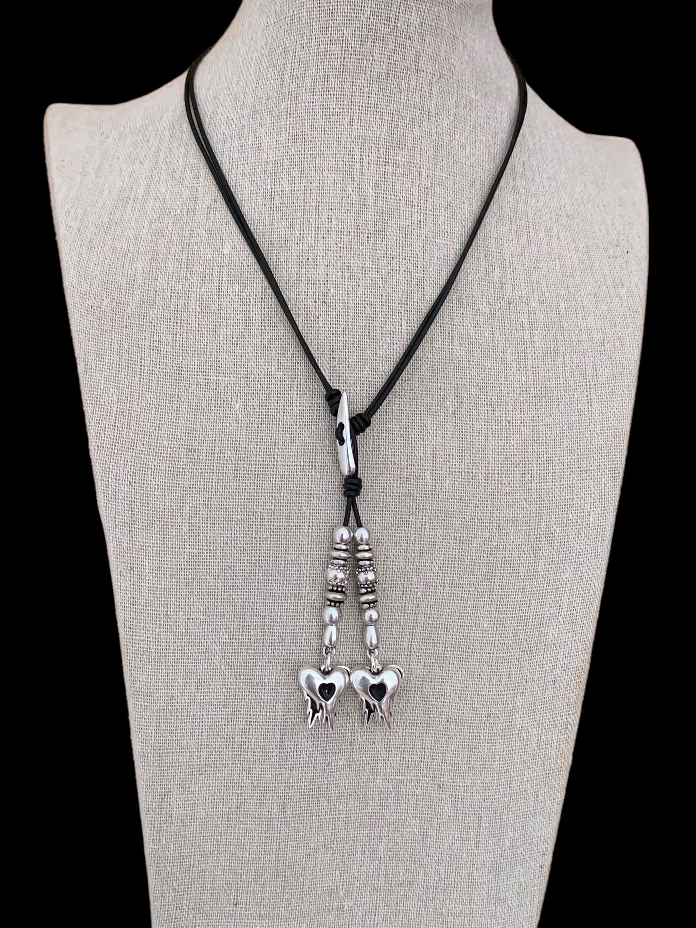 Bohemian leather lariat necklace – dangle silver heart charms – adjustable y necklace – layering statement jewelry - ethic tribal tie choker