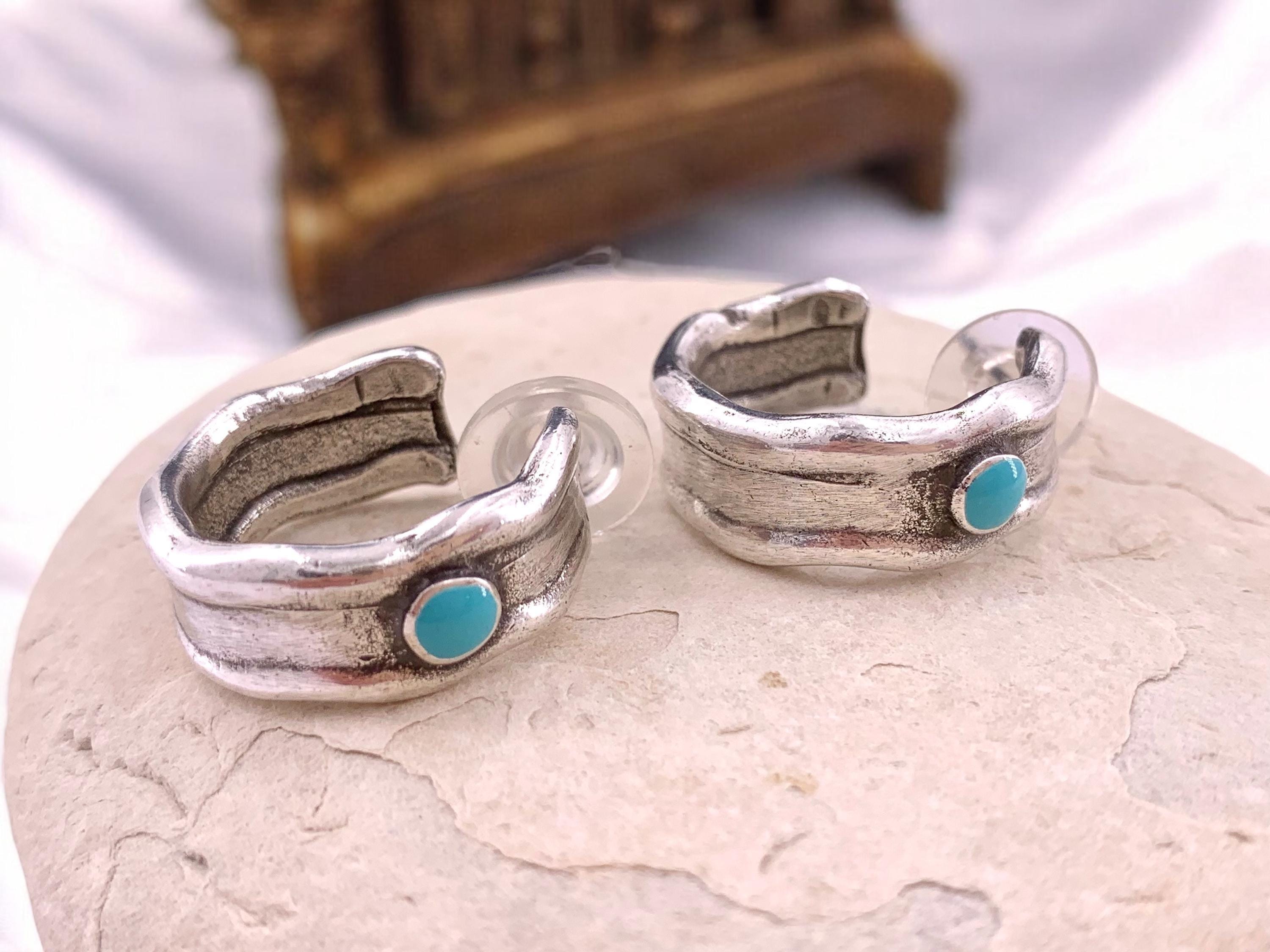 Chunky silver hammered hoops earrings, bohemian bold jewelry