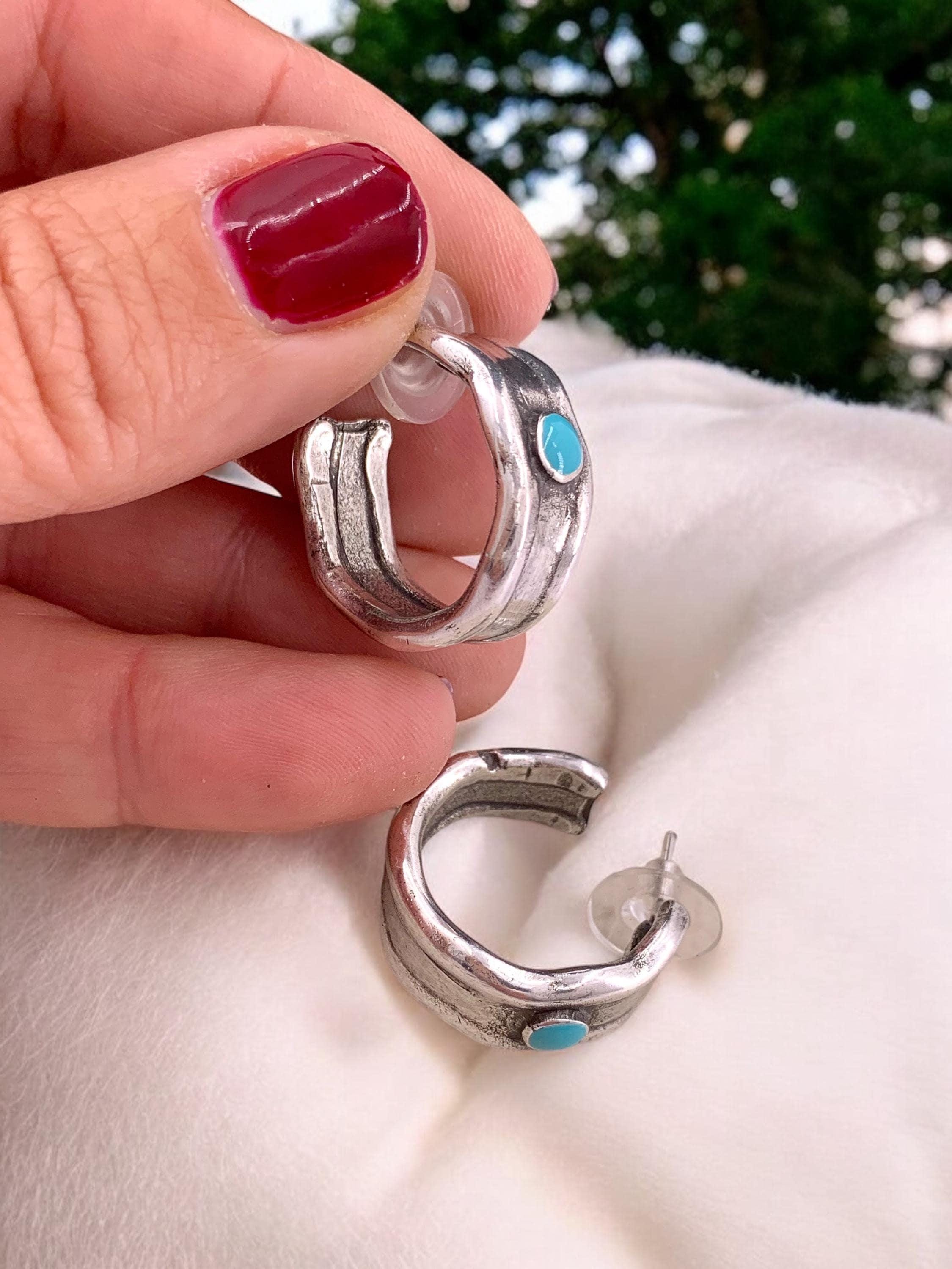 Chunky silver hammered hoops earrings, bohemian bold jewelry
