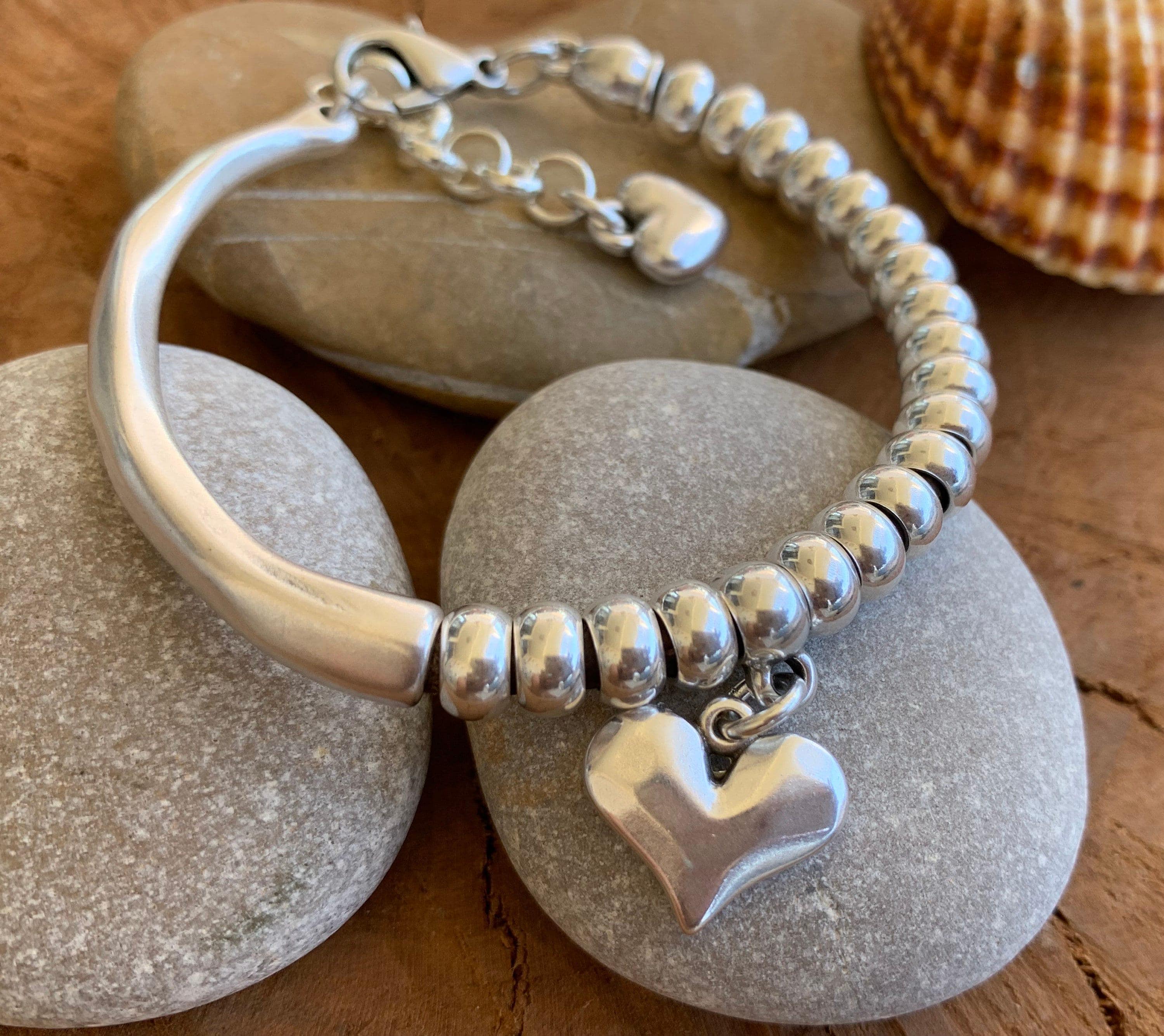 Heart pendant bracelet, silver cuff bracelet, beaded bracelet, bohemian bracelet, chunky silver bracelet, statement silver bracelet, gift