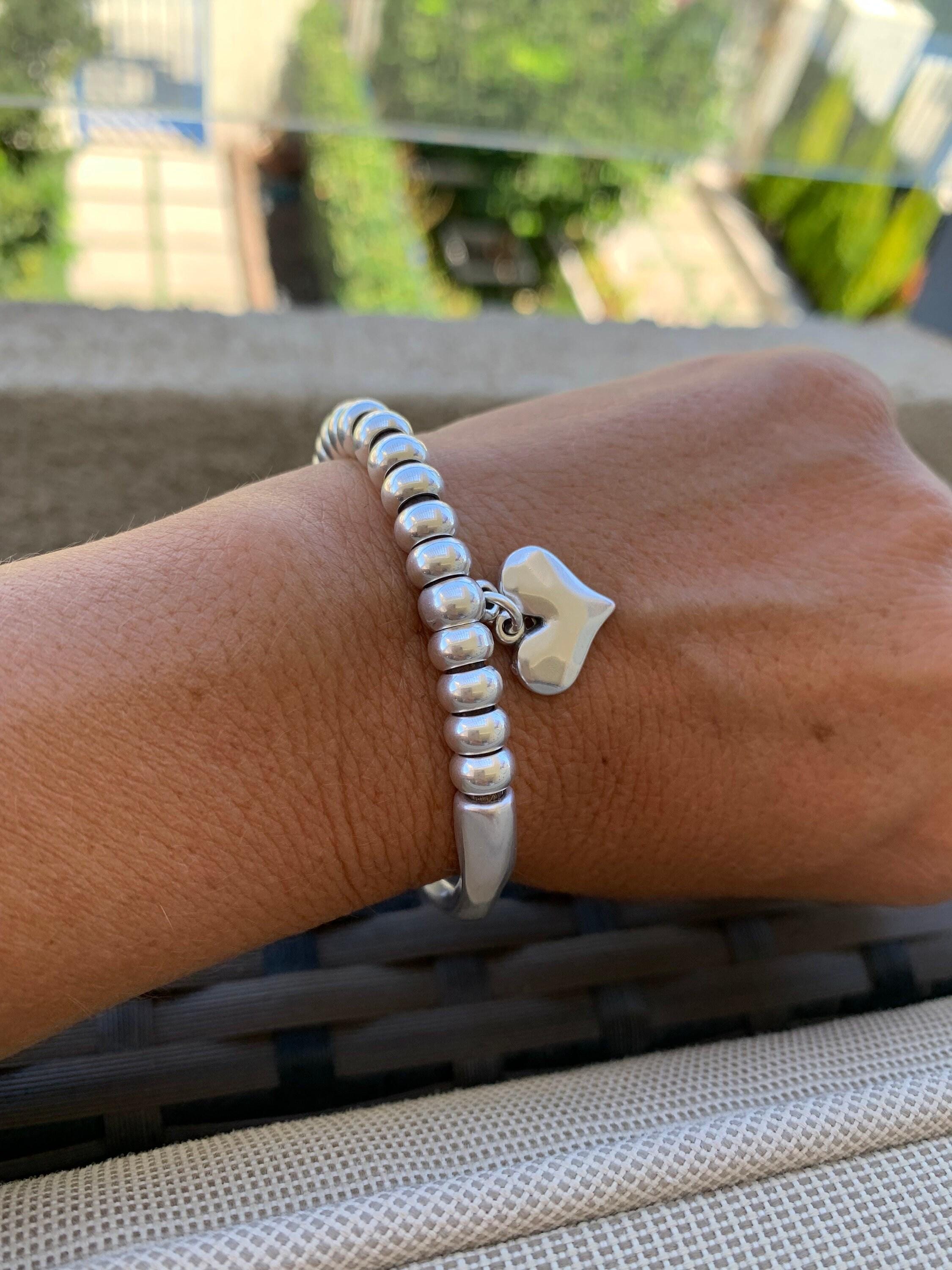 Heart pendant bracelet, silver cuff bracelet, beaded bracelet, bohemian bracelet, chunky silver bracelet, statement silver bracelet, gift