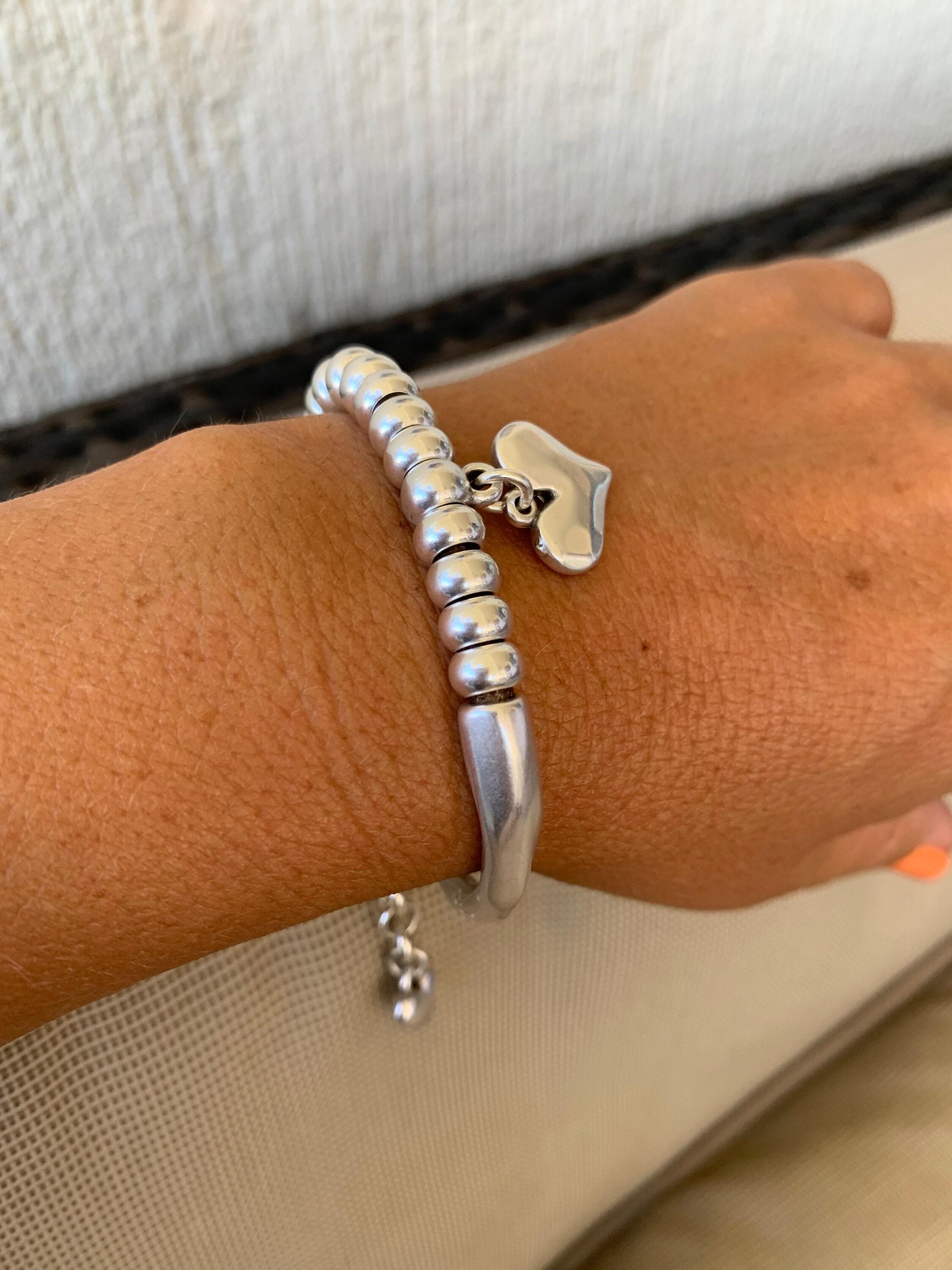 Heart pendant bracelet, silver cuff bracelet, beaded bracelet, bohemian bracelet, chunky silver bracelet, statement silver bracelet, gift
