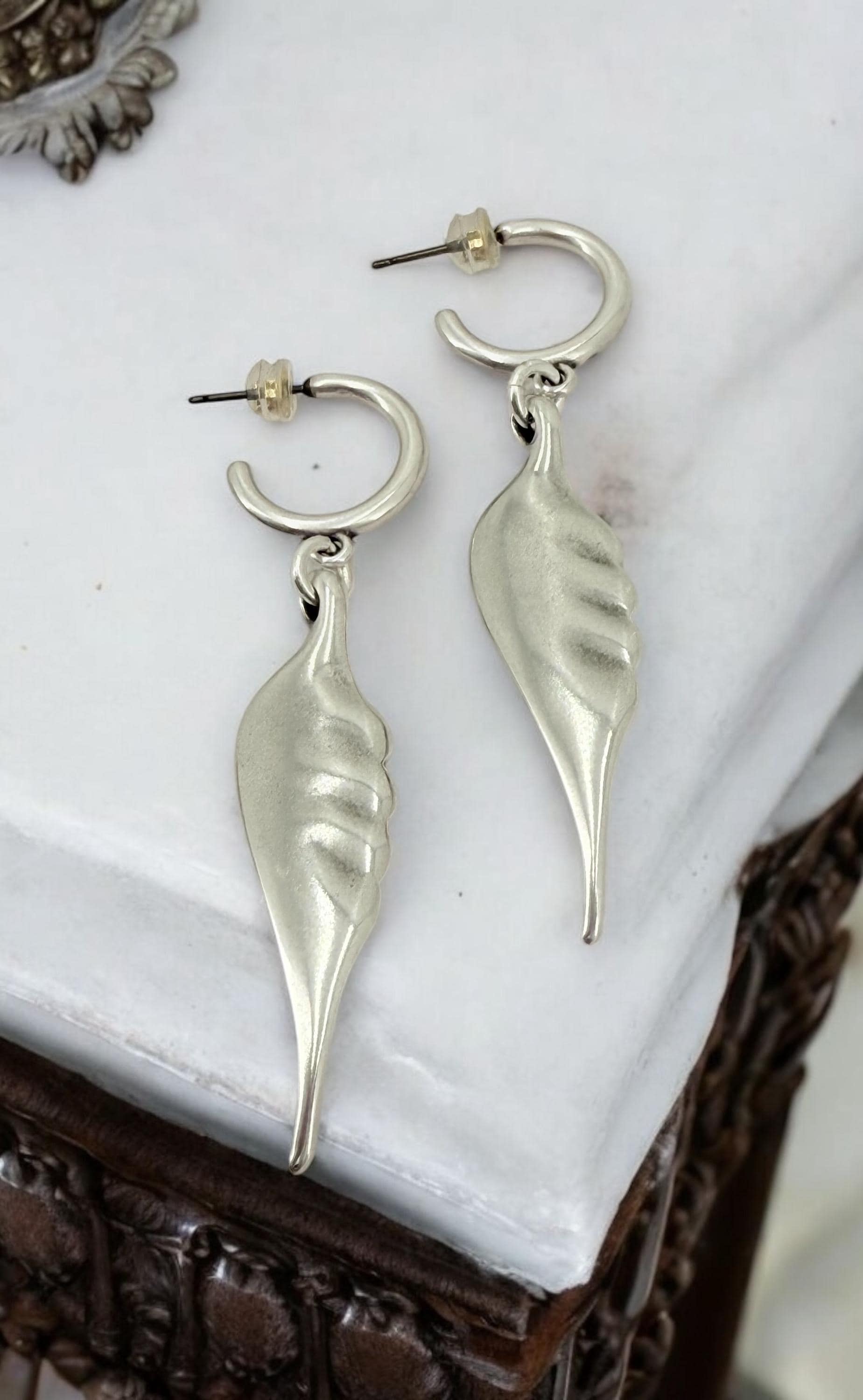 Boho earrings with large angel wings pendant, sillver plated long dangling hoops