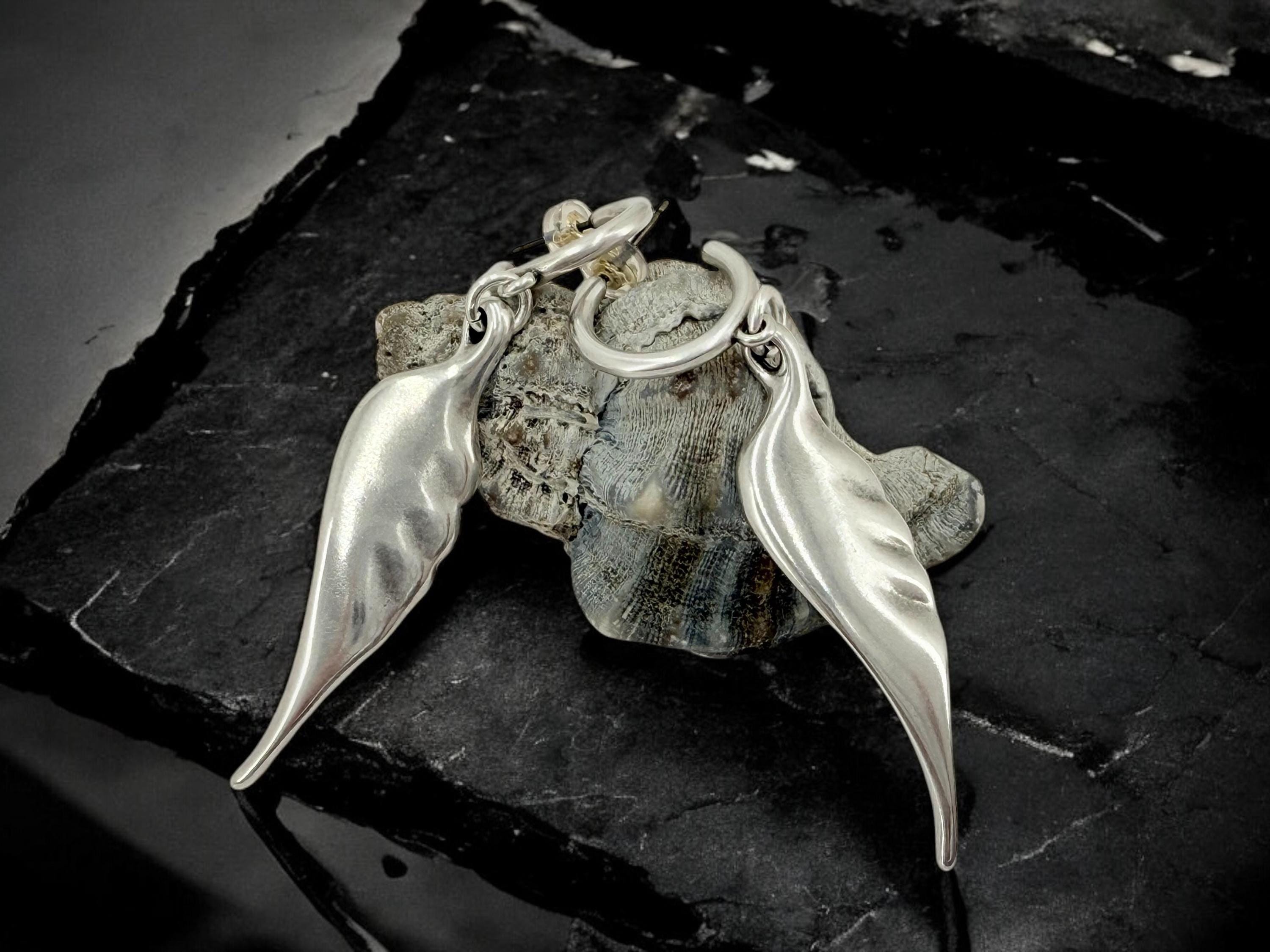 Boho earrings with large angel wings pendant, sillver plated long dangling hoops
