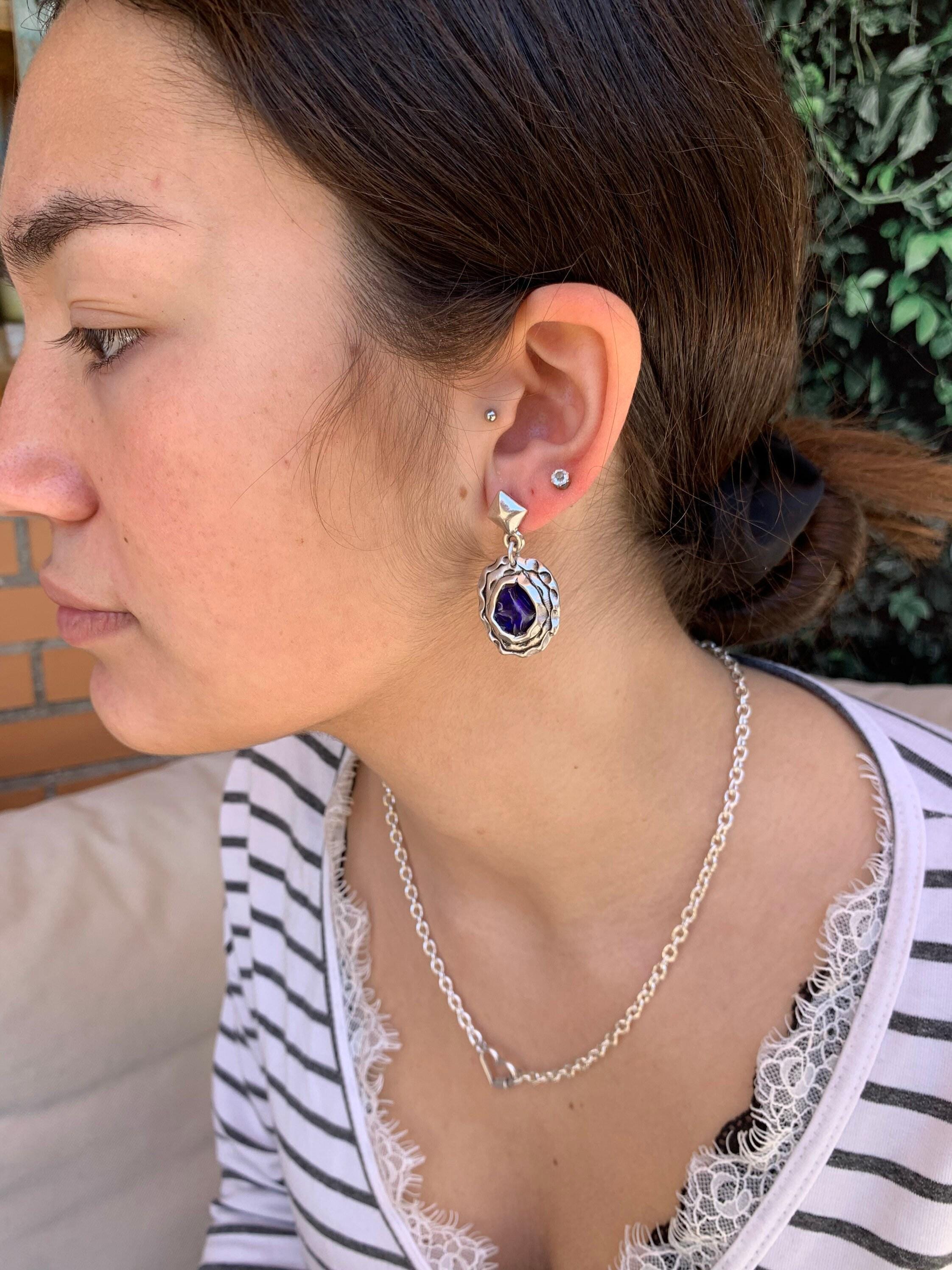 Statement pendant blue earrings- dangling pendant party  studs