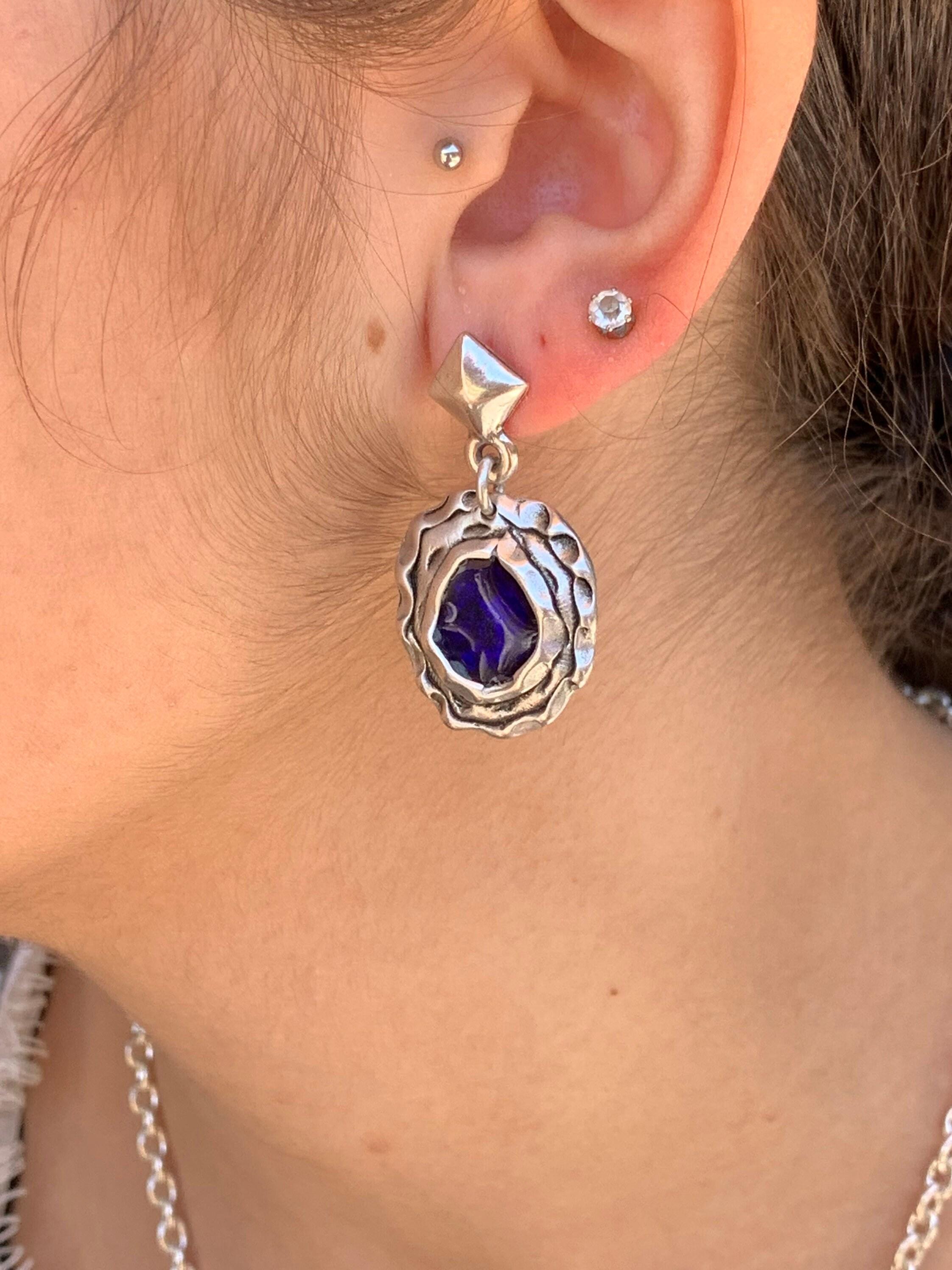 Statement pendant blue earrings- dangling pendant party  studs