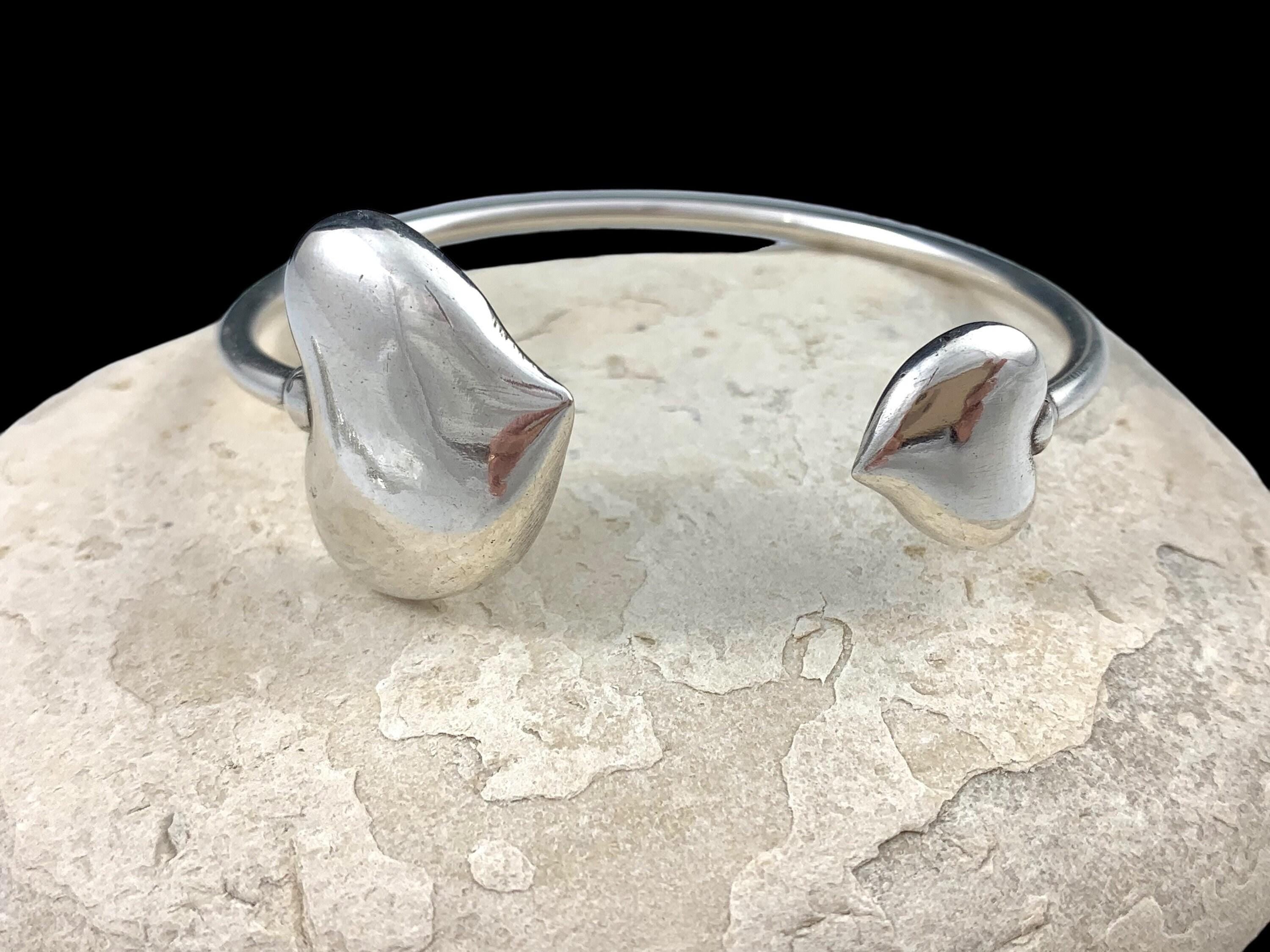 Chunky open heart cuff bracelet – adjustable vintage-inspired silver bangle for women – sculptural statement jewelry -