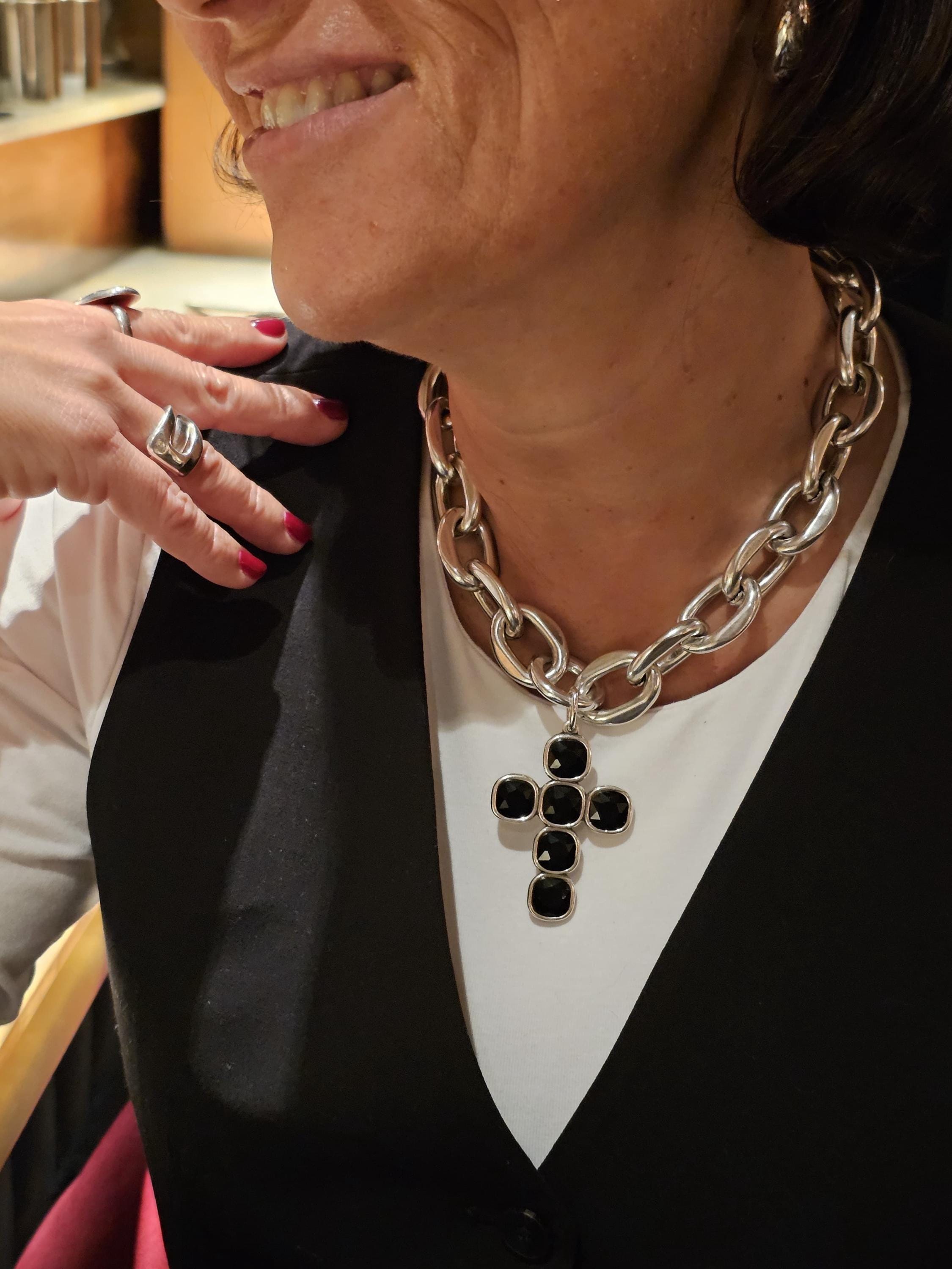 Chunky silver chain lightweight necklace with black swarovski crystal cross – bold rock style statement jewelry