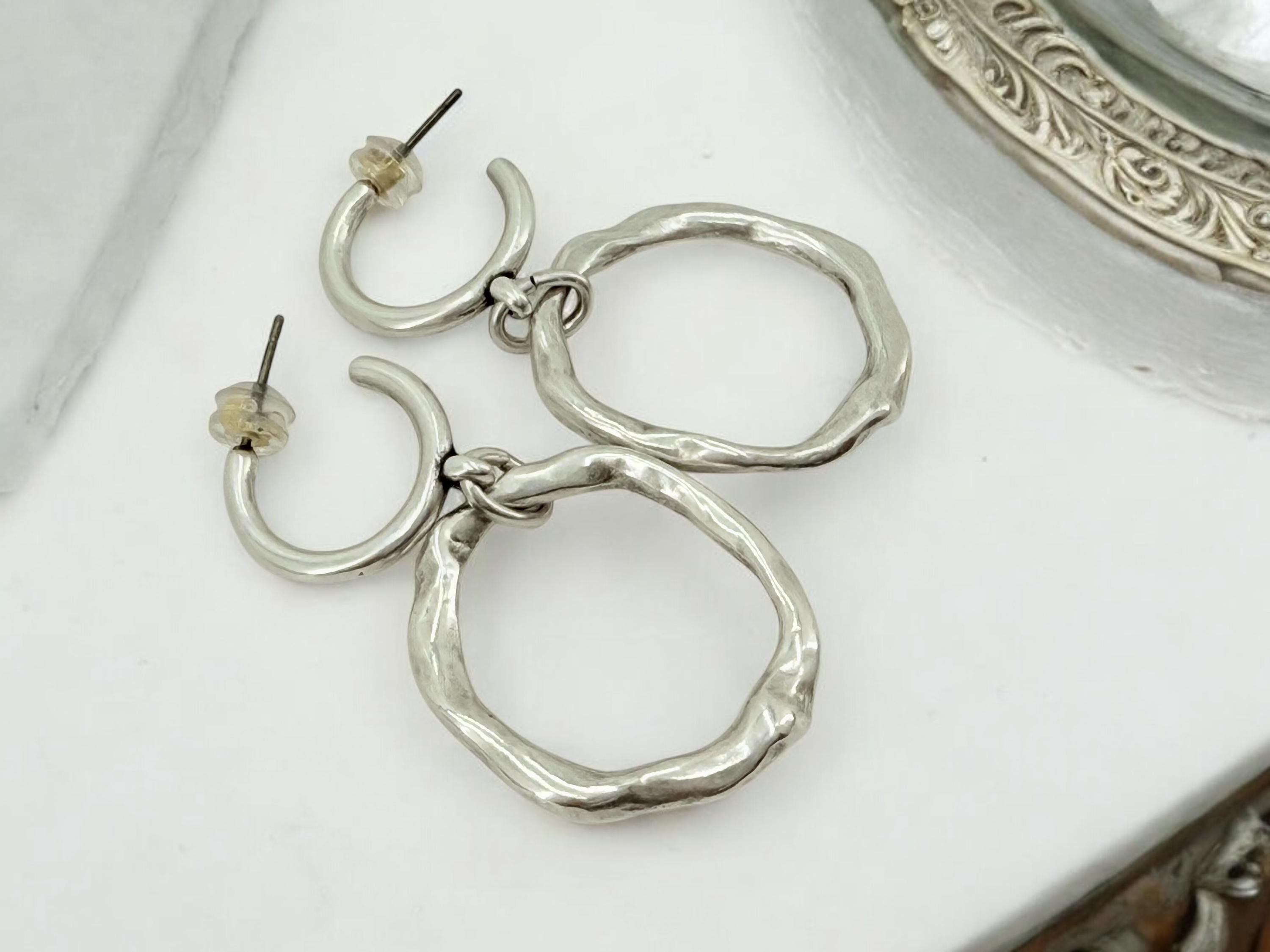 Dangling circle hoop earrings, chunky silver pendant hoop, long disc pendant hoops, rokc style earrings, , gift for women