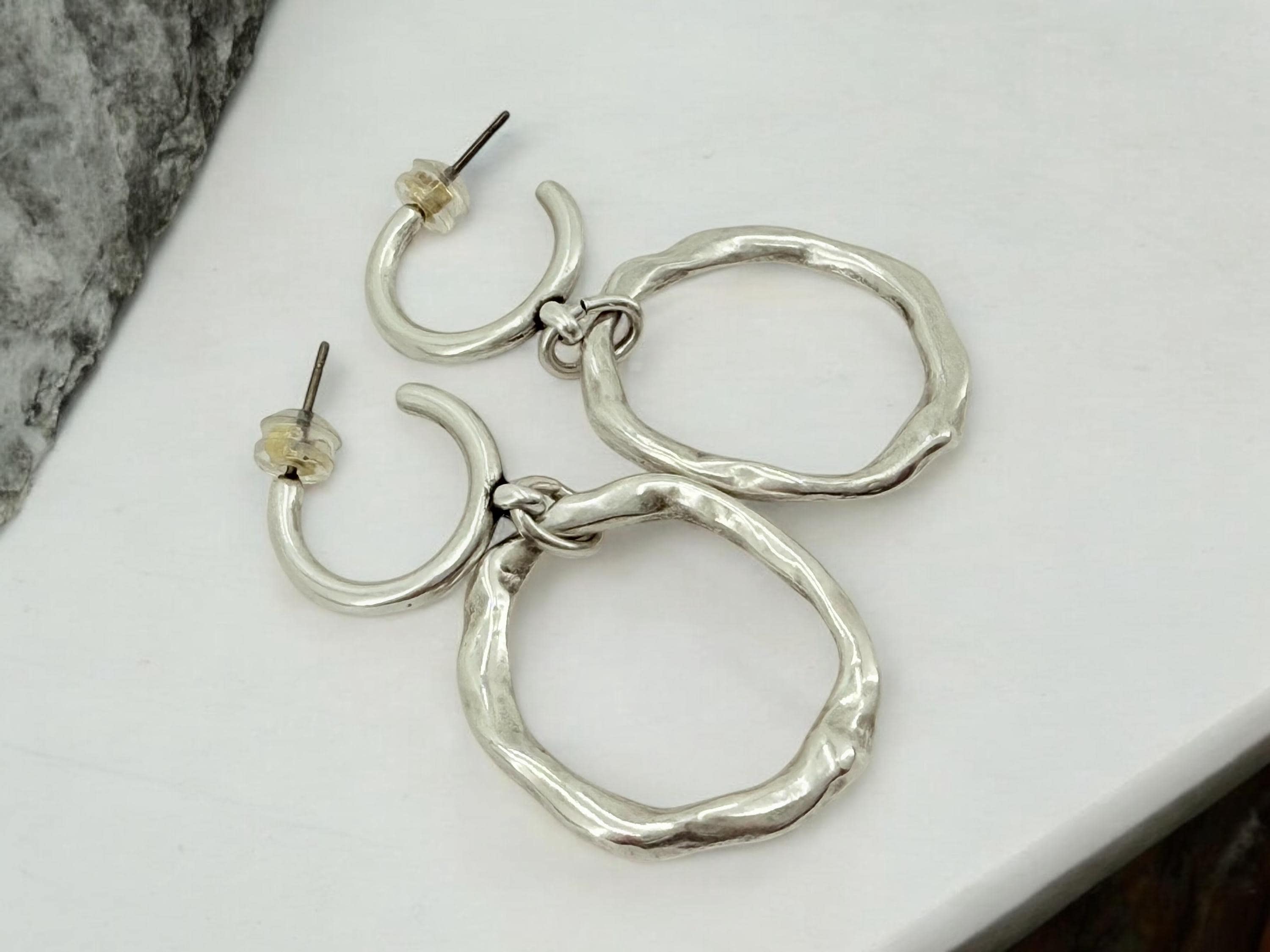 Dangling circle hoop earrings, chunky silver pendant hoop, long disc pendant hoops, rokc style earrings, , gift for women