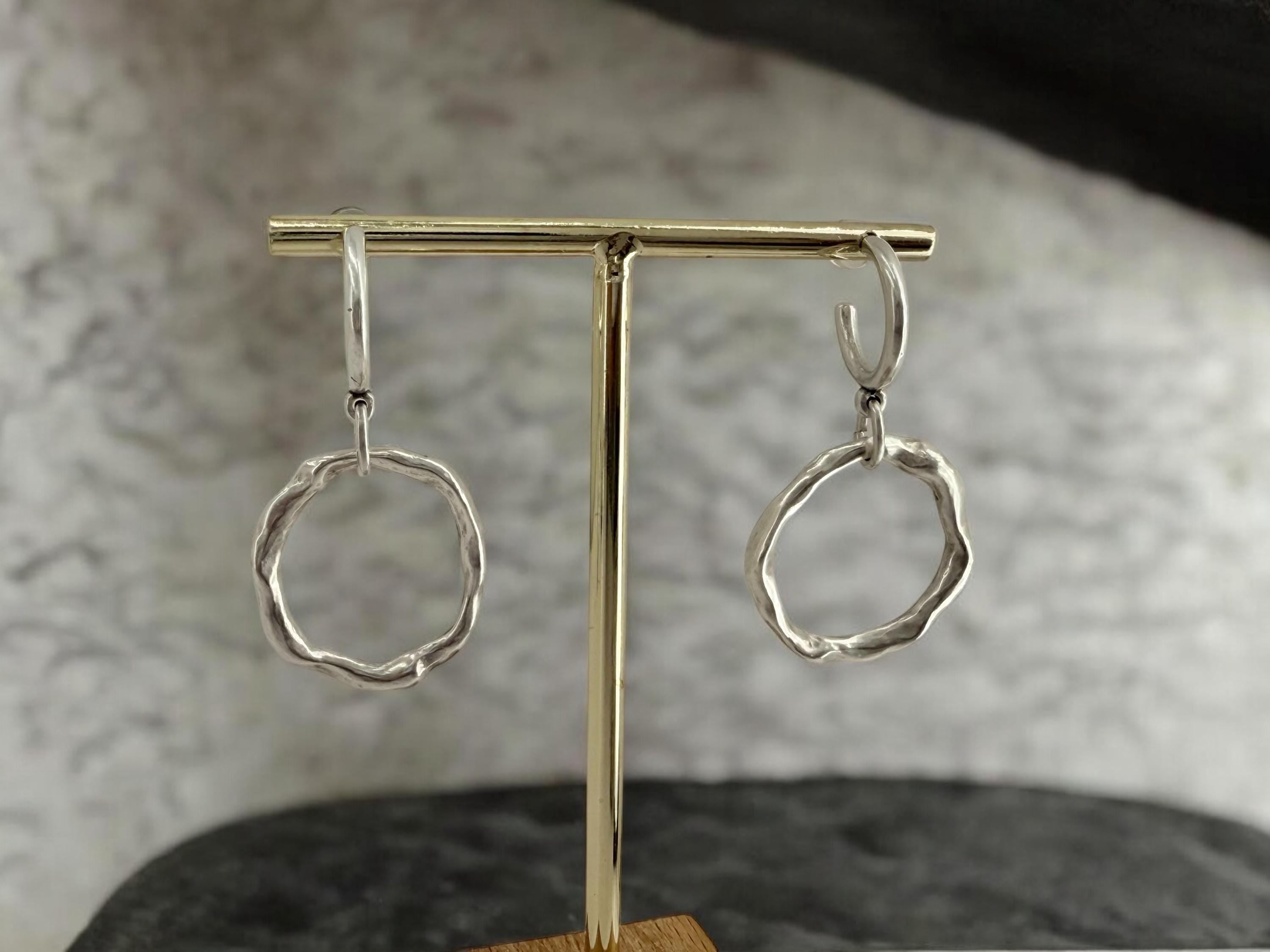 Dangling circle hoop earrings, chunky silver pendant hoop, long disc pendant hoops, rokc style earrings, , gift for women