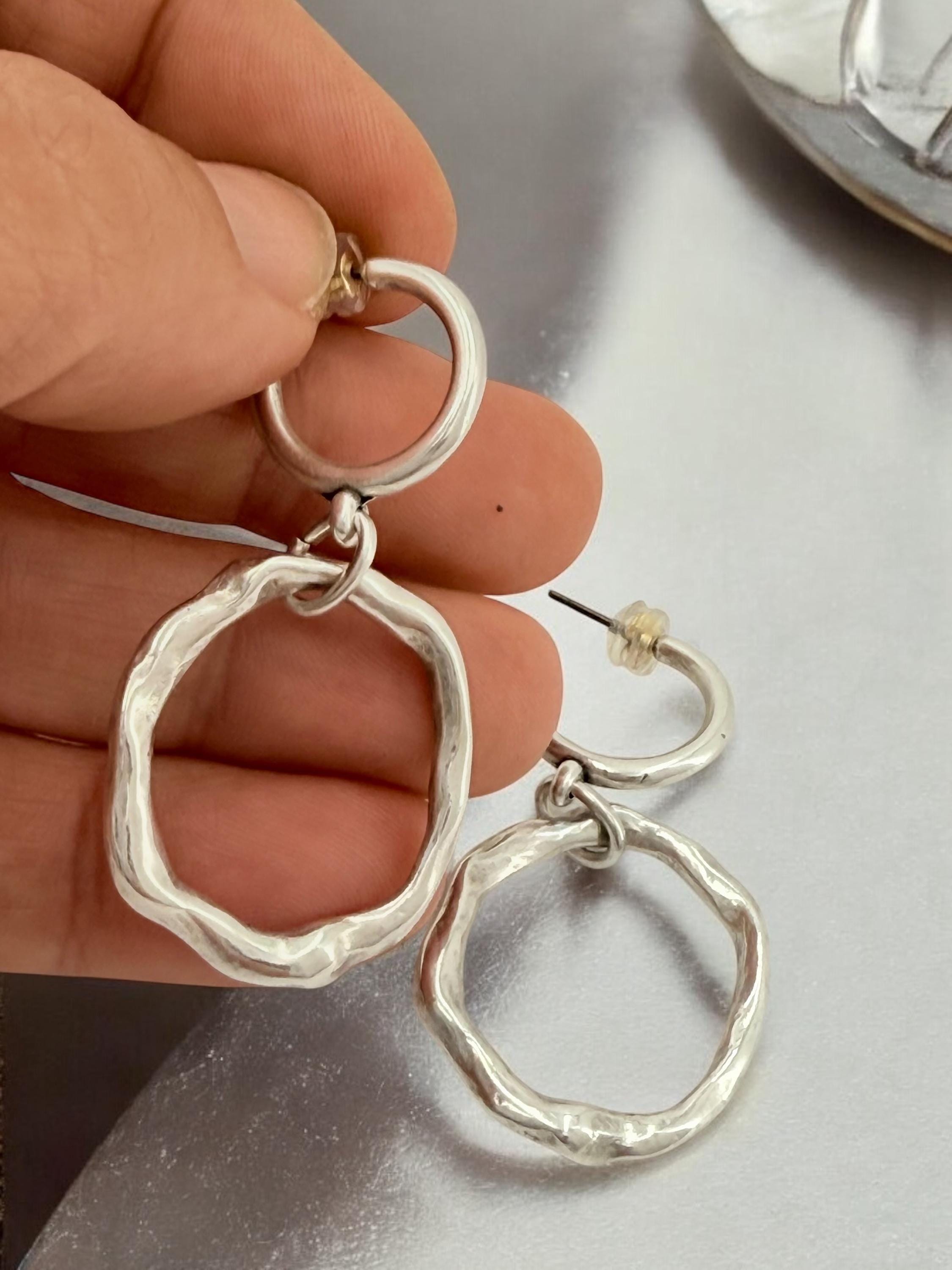 Dangling circle hoop earrings, chunky silver pendant hoop, long disc pendant hoops, rokc style earrings, , gift for women