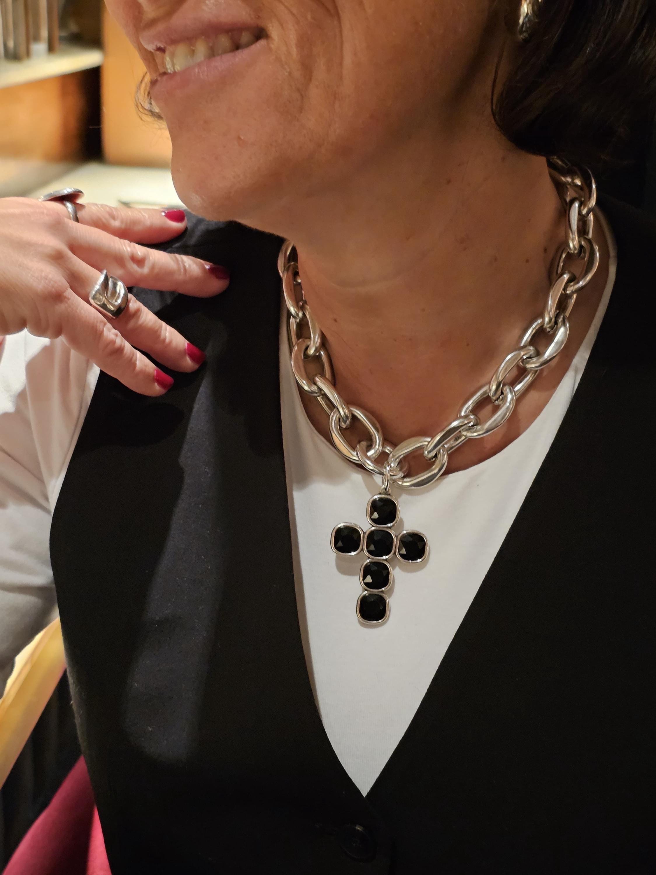 Chunky silver chain lightweight necklace with black swarovski crystal cross – bold rock style statement jewelry
