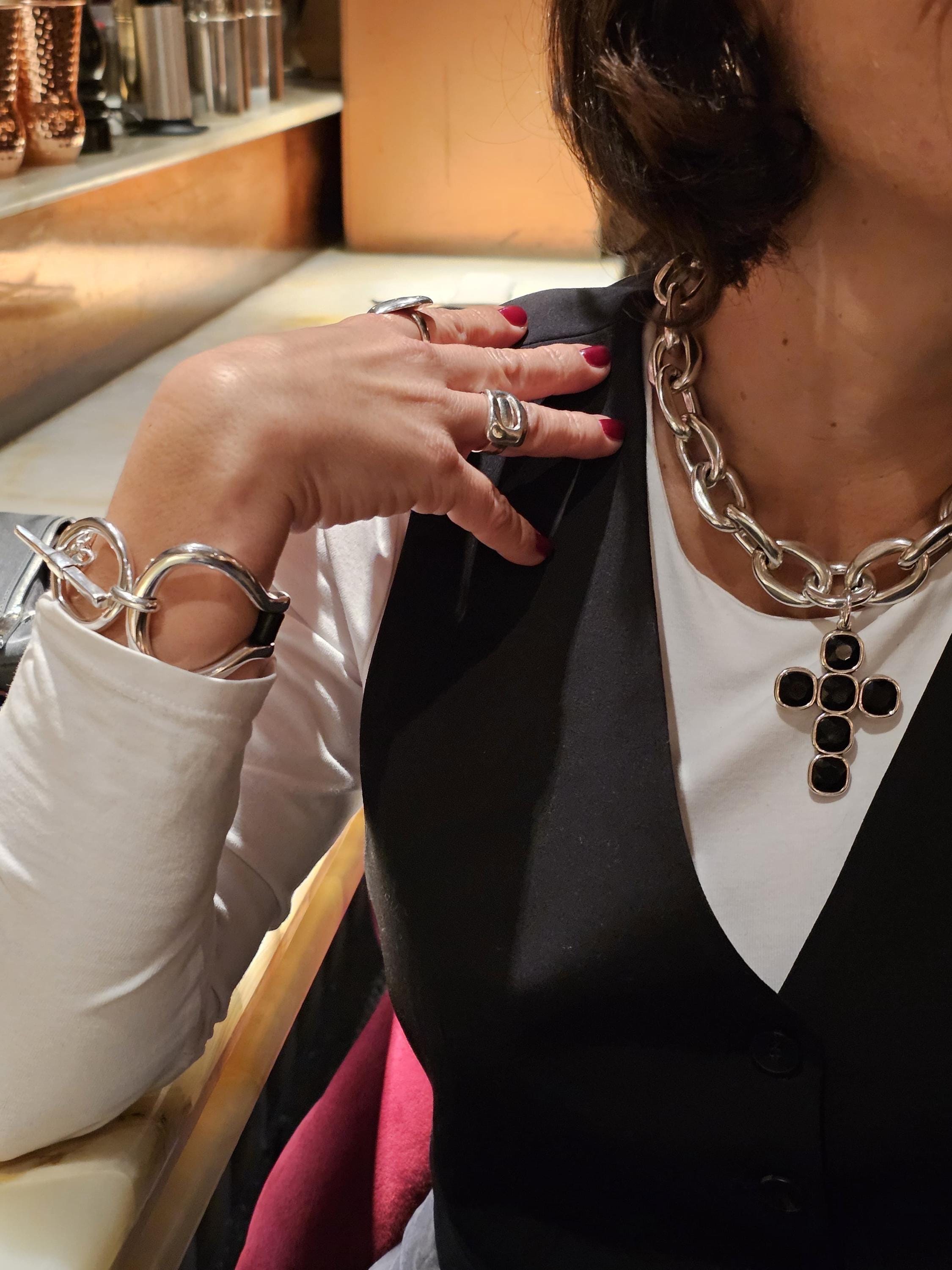 Chunky silver chain lightweight necklace with black swarovski crystal cross – bold rock style statement jewelry
