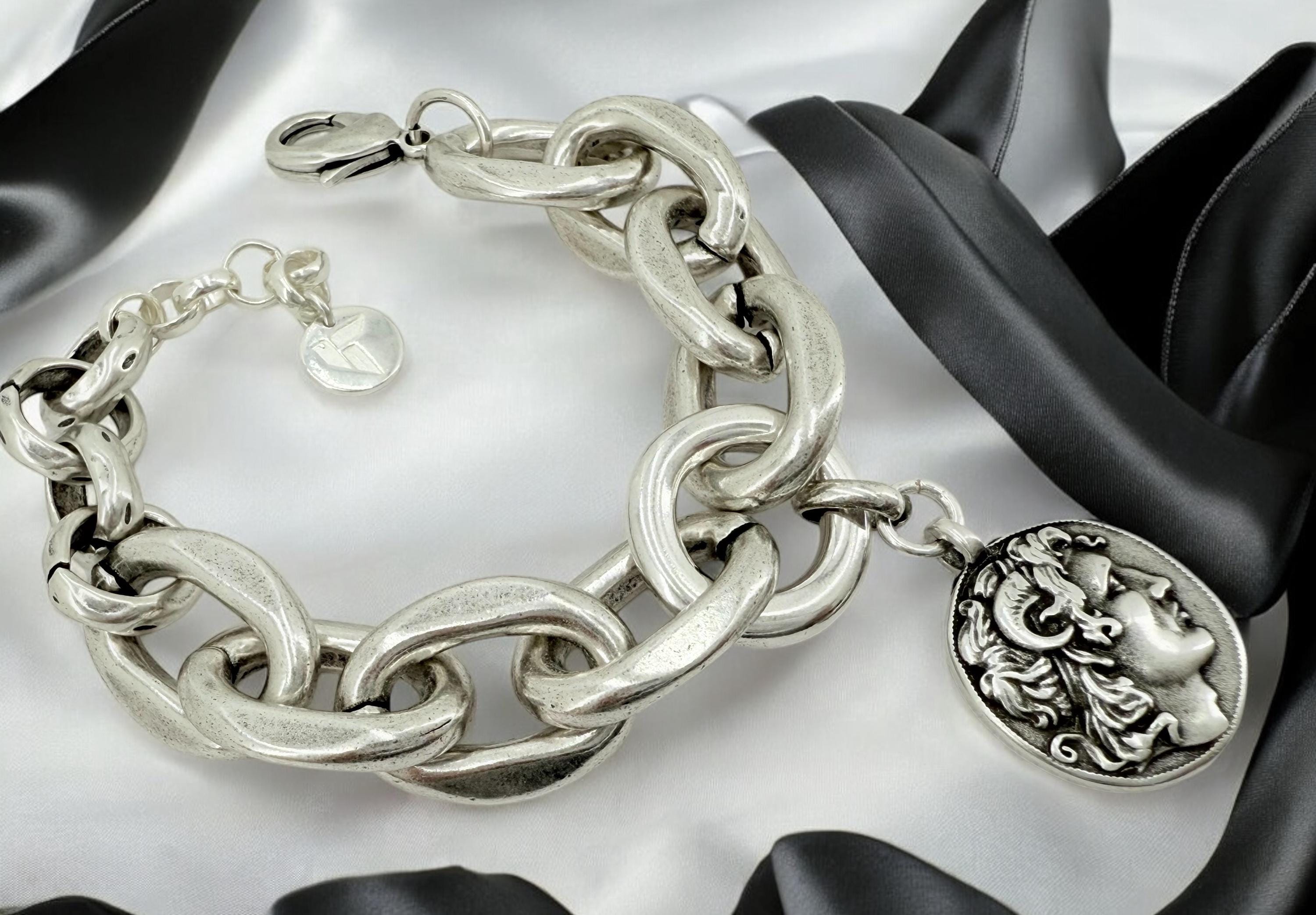 Chunky silver bracelet with alexander the great coin pendant – thick link chain – handmade kukuri jewelry