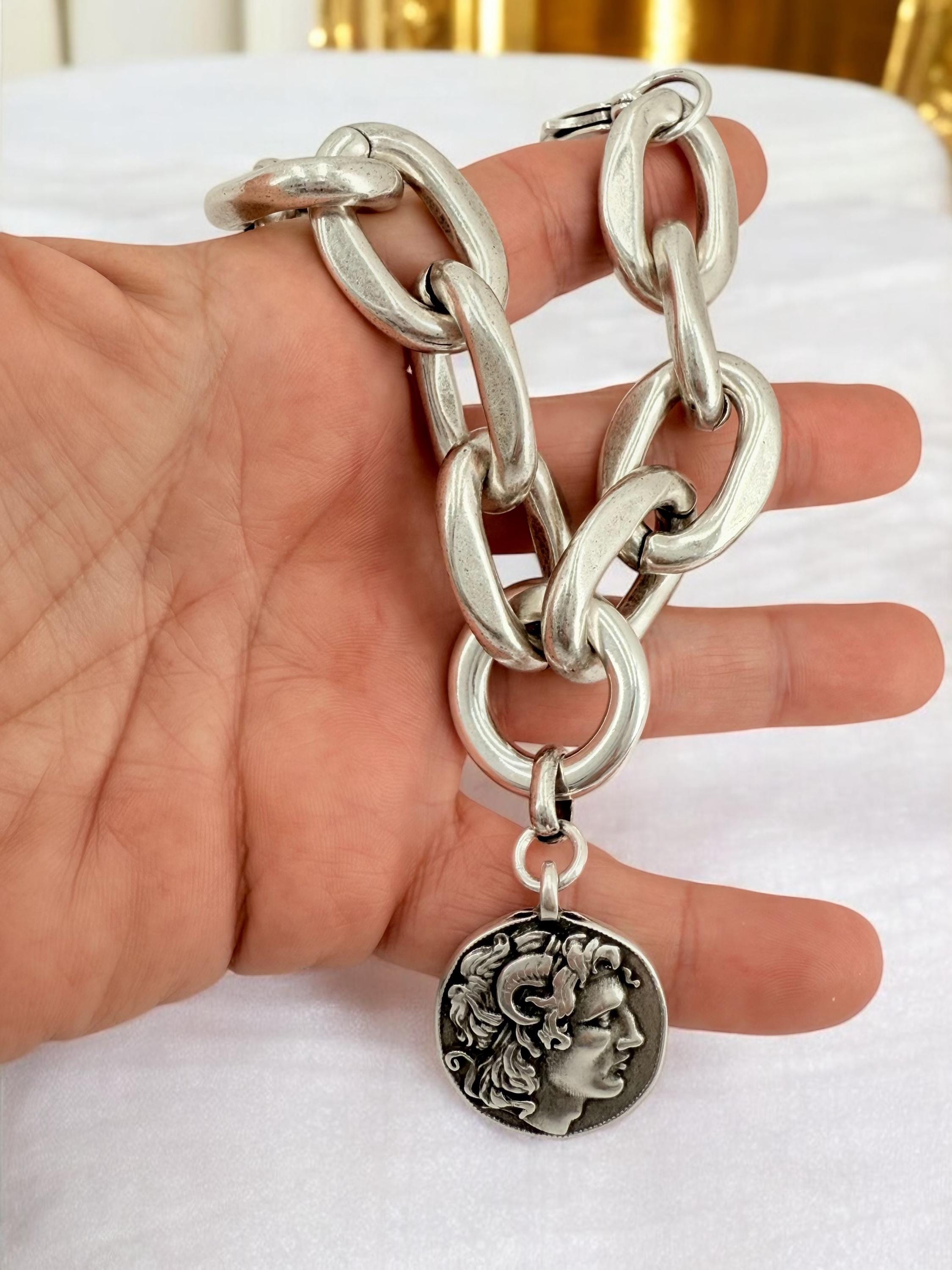 Chunky silver bracelet with alexander the great coin pendant – thick link chain – handmade kukuri jewelry
