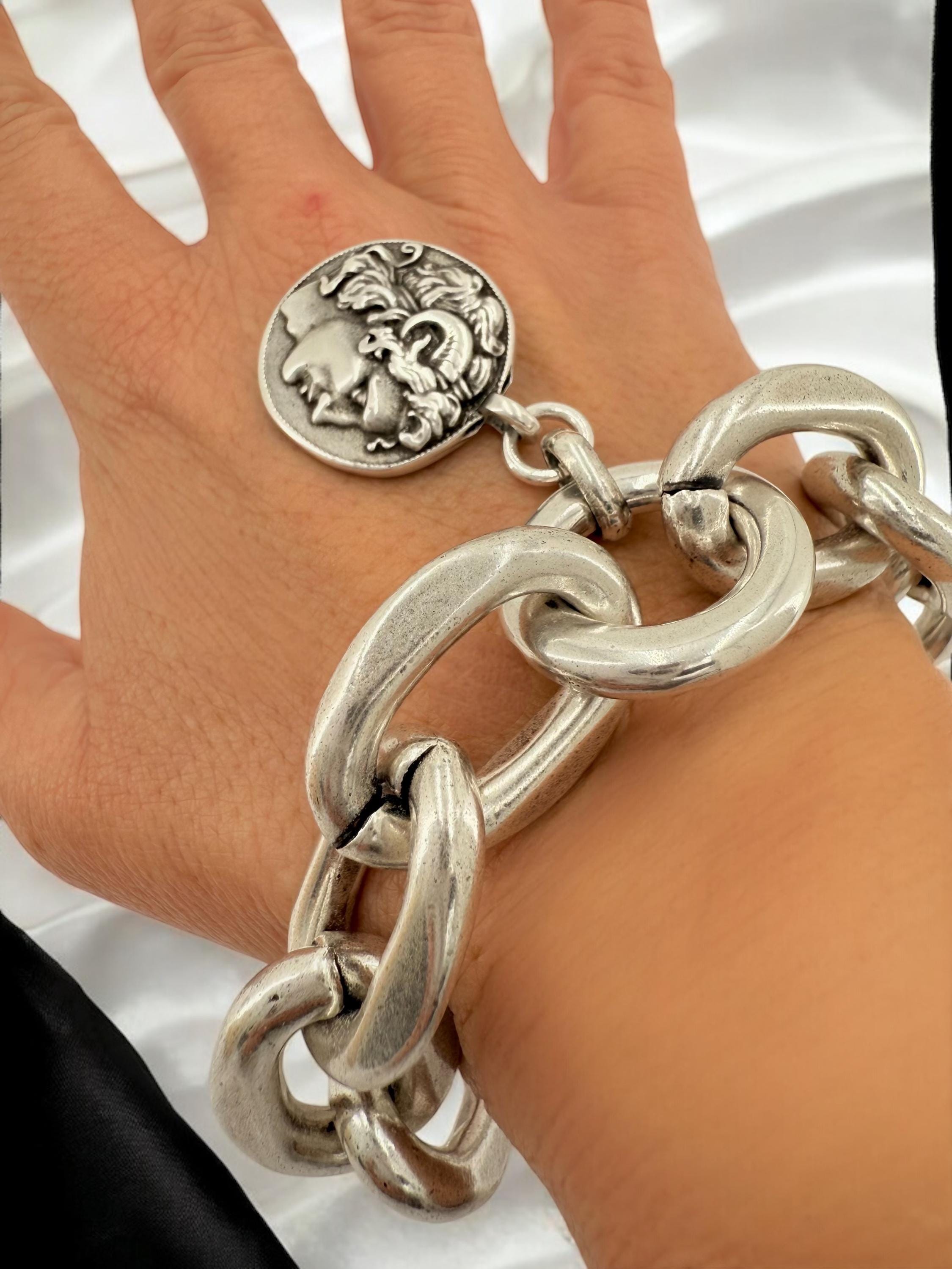 Chunky silver bracelet with alexander the great coin pendant – thick link chain – handmade kukuri jewelry
